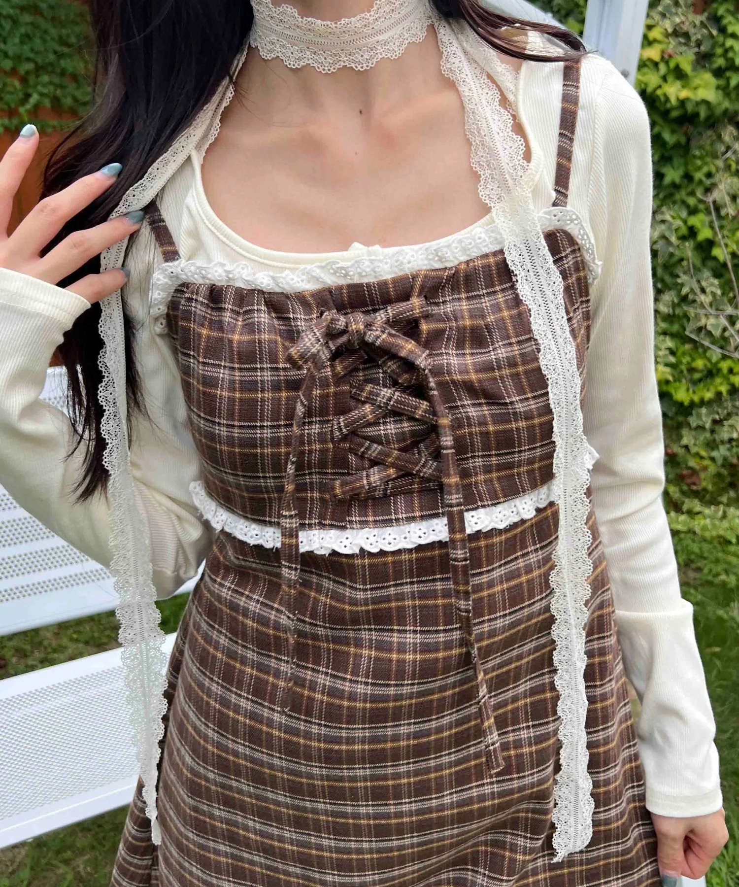 レースポイントチェックミニワンピース - Image 3