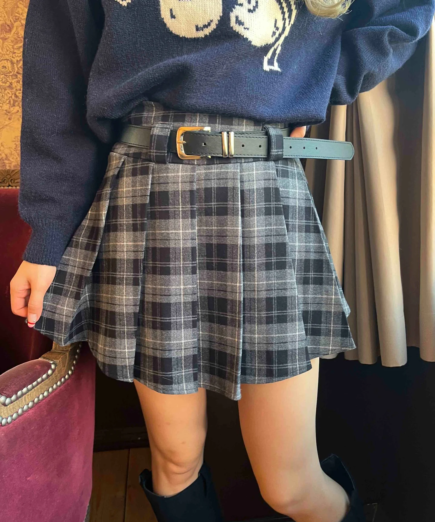 ベルト付きチェックプリーツスカート - Image 2