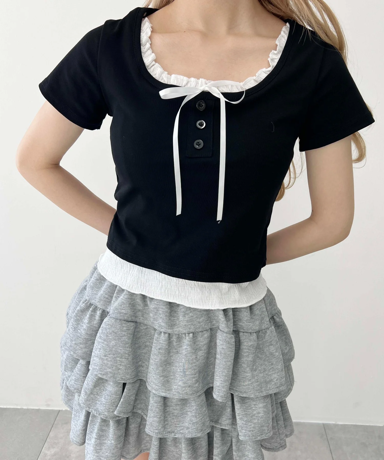 レイヤード風フロントリボンTシャツ - Image 3
