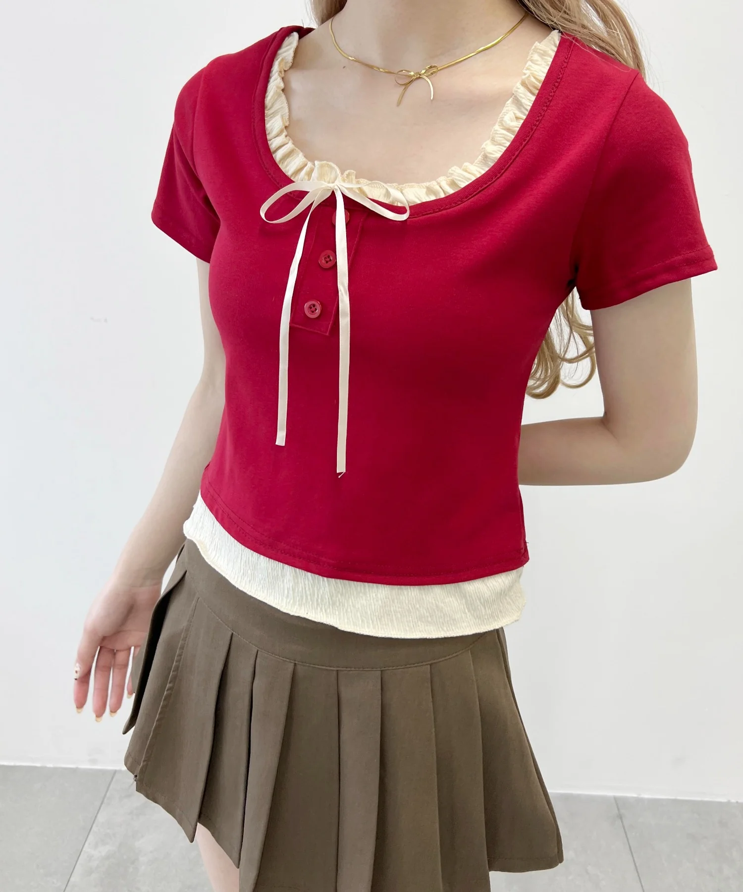 レイヤード風フロントリボンTシャツ - Image 4