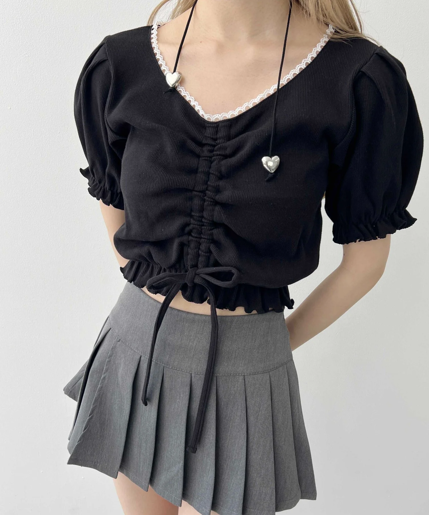 レースパイピング半袖トップス - Image 3