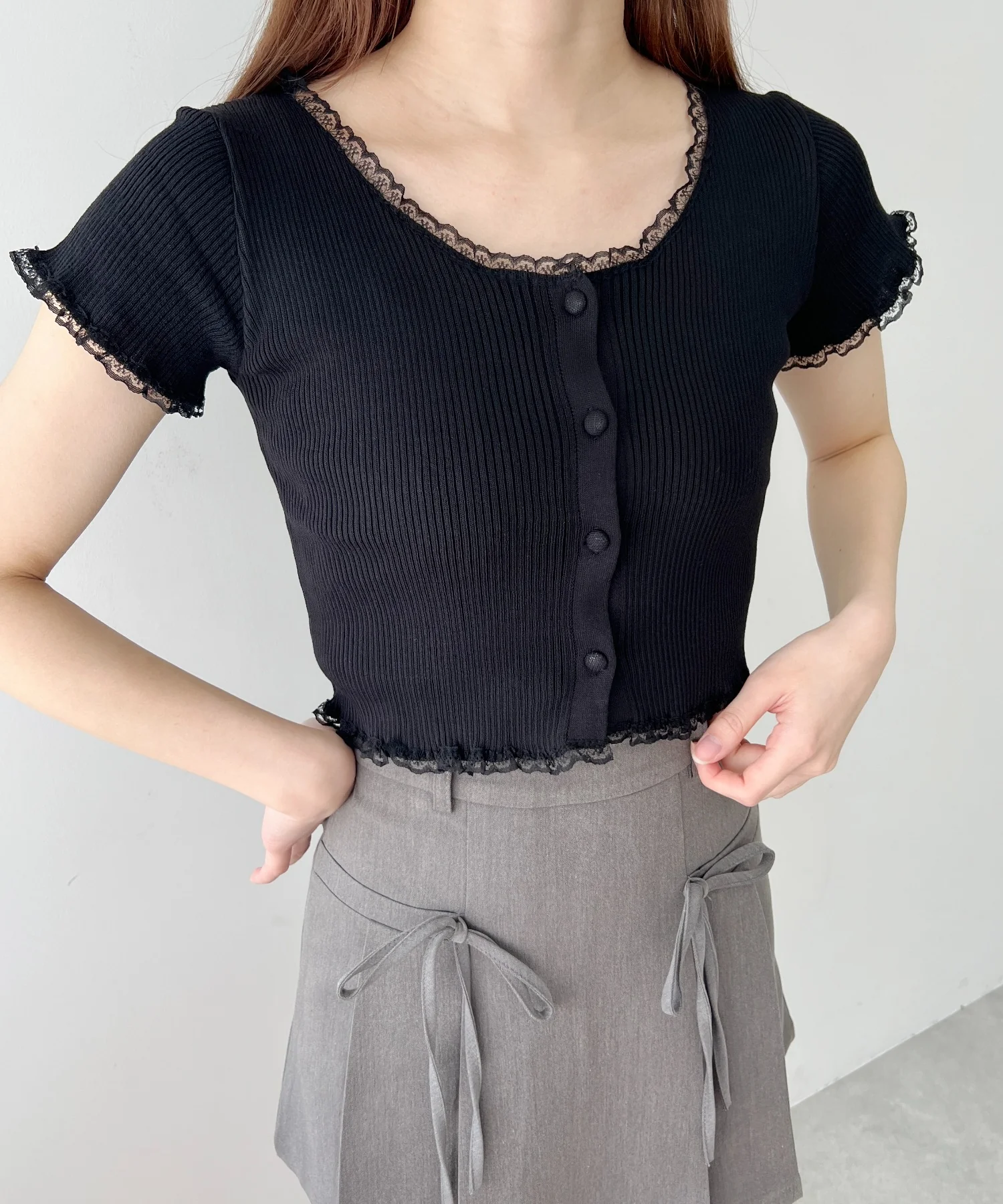 レースパイピング半袖ニッカーディガン - Image 2