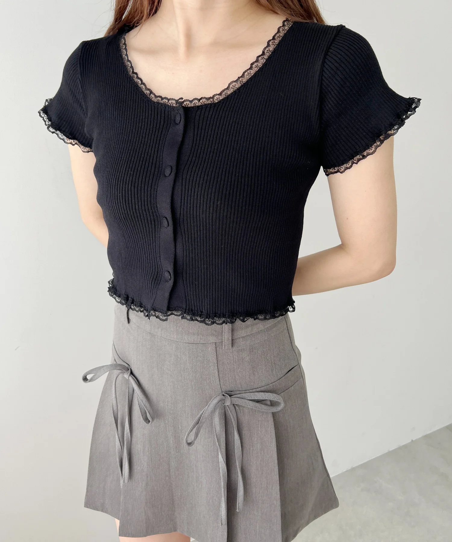 レースパイピング半袖ニッカーディガン - Image 8