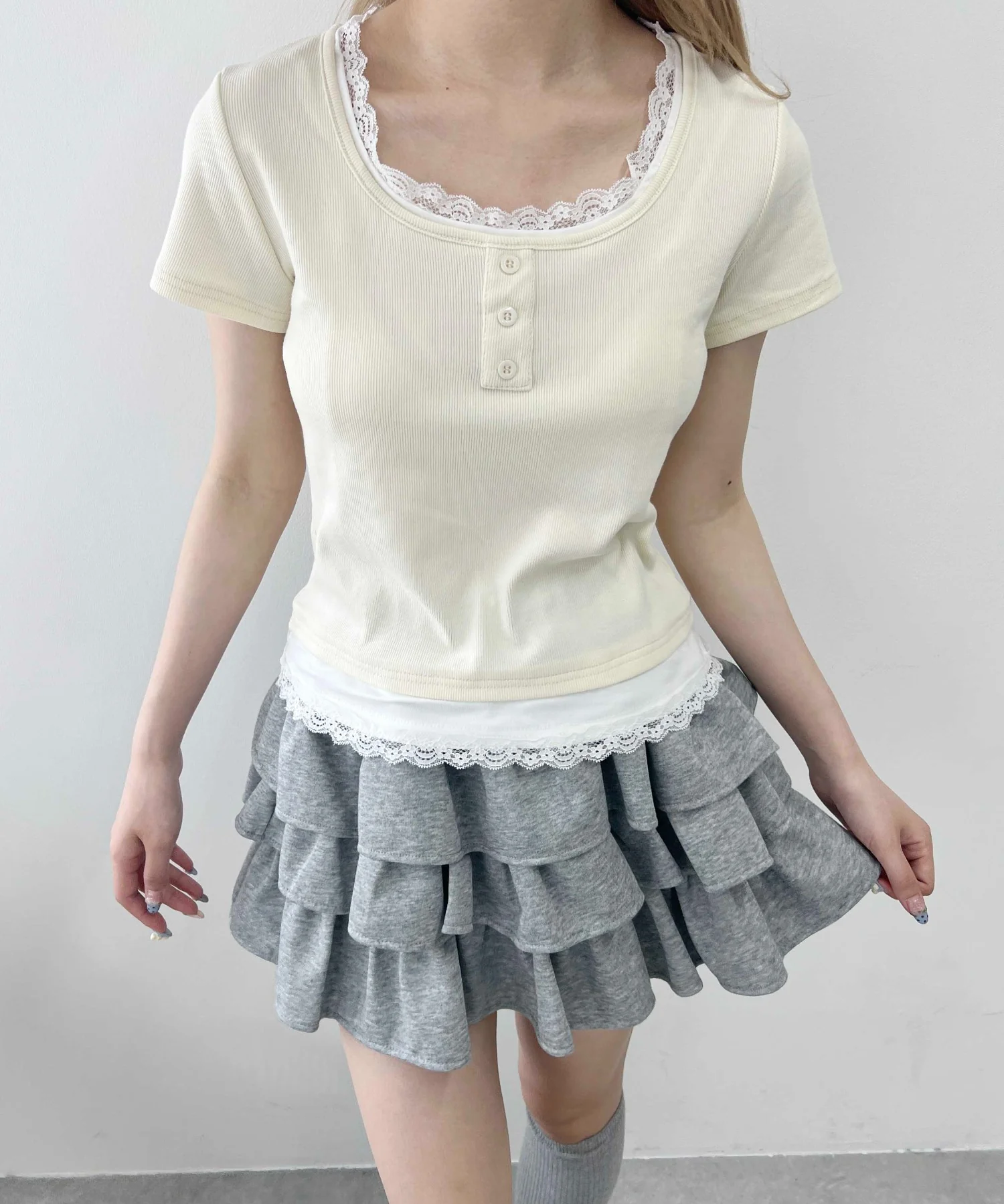 レースポイントフェイクレイヤードTシャツ - Image 7
