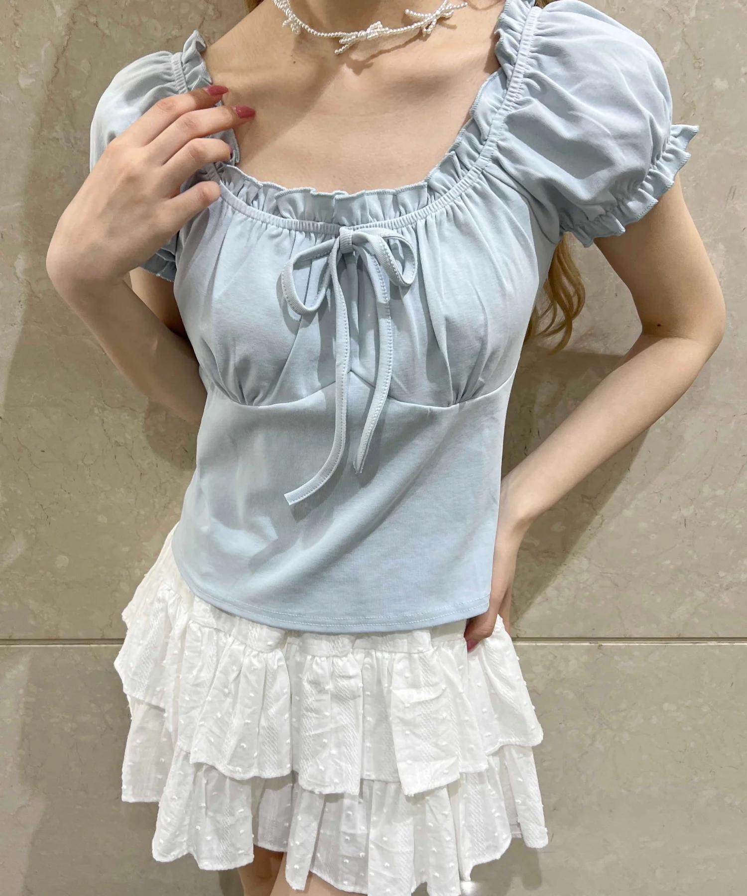 ミニパフスリーブリボンTシャツ - Image 3