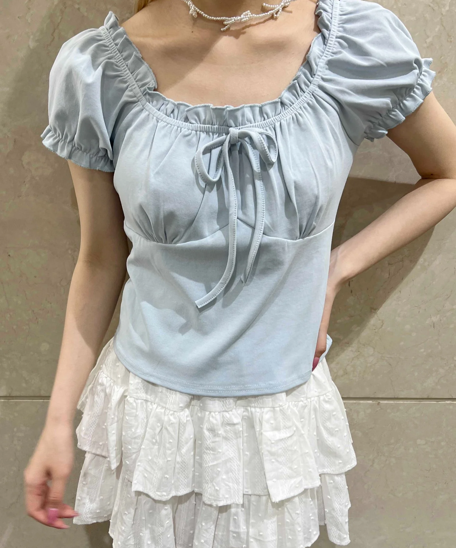 ミニパフスリーブリボンTシャツ - Image 4