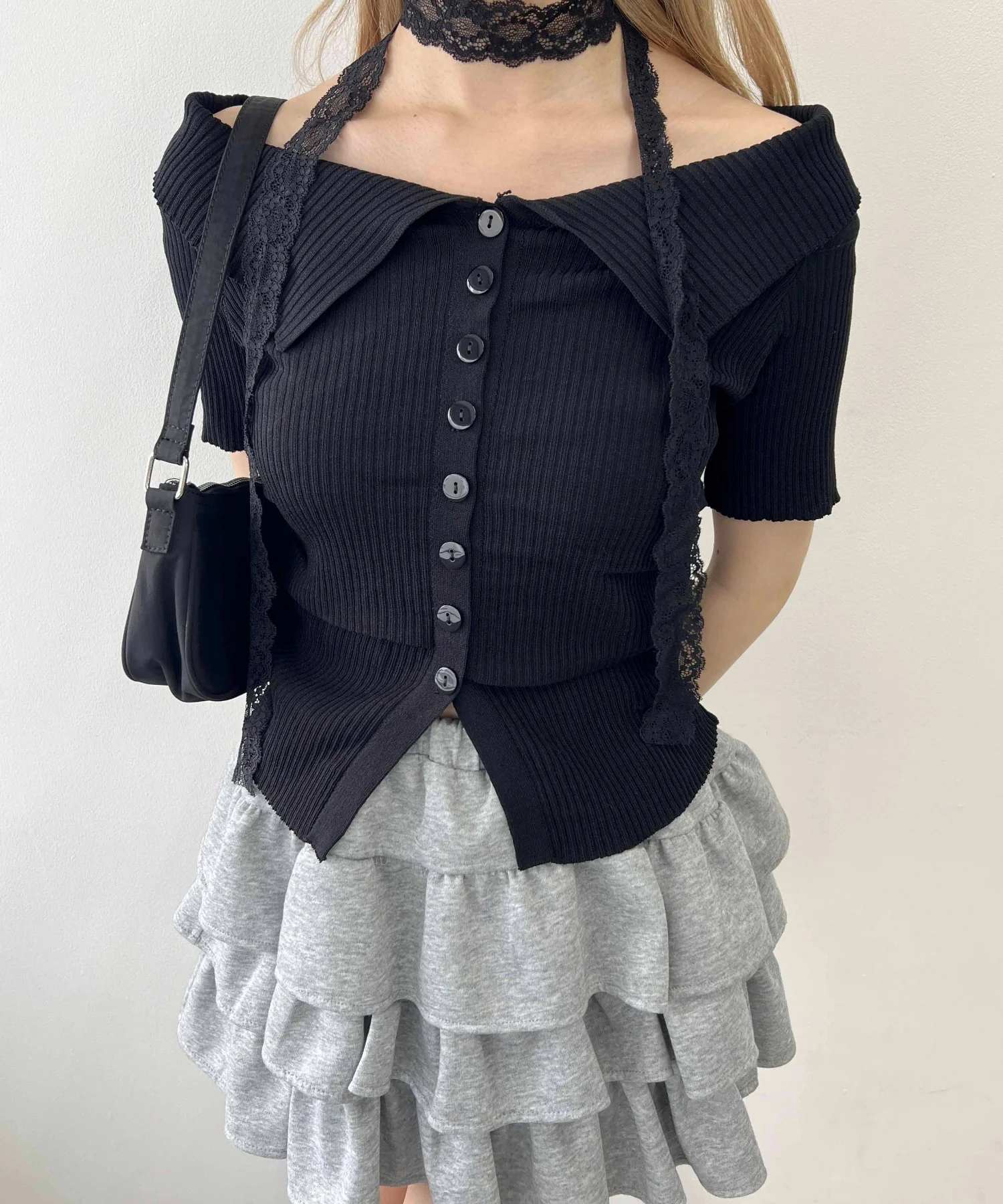 ボタンオフショル半袖トップス - Image 3