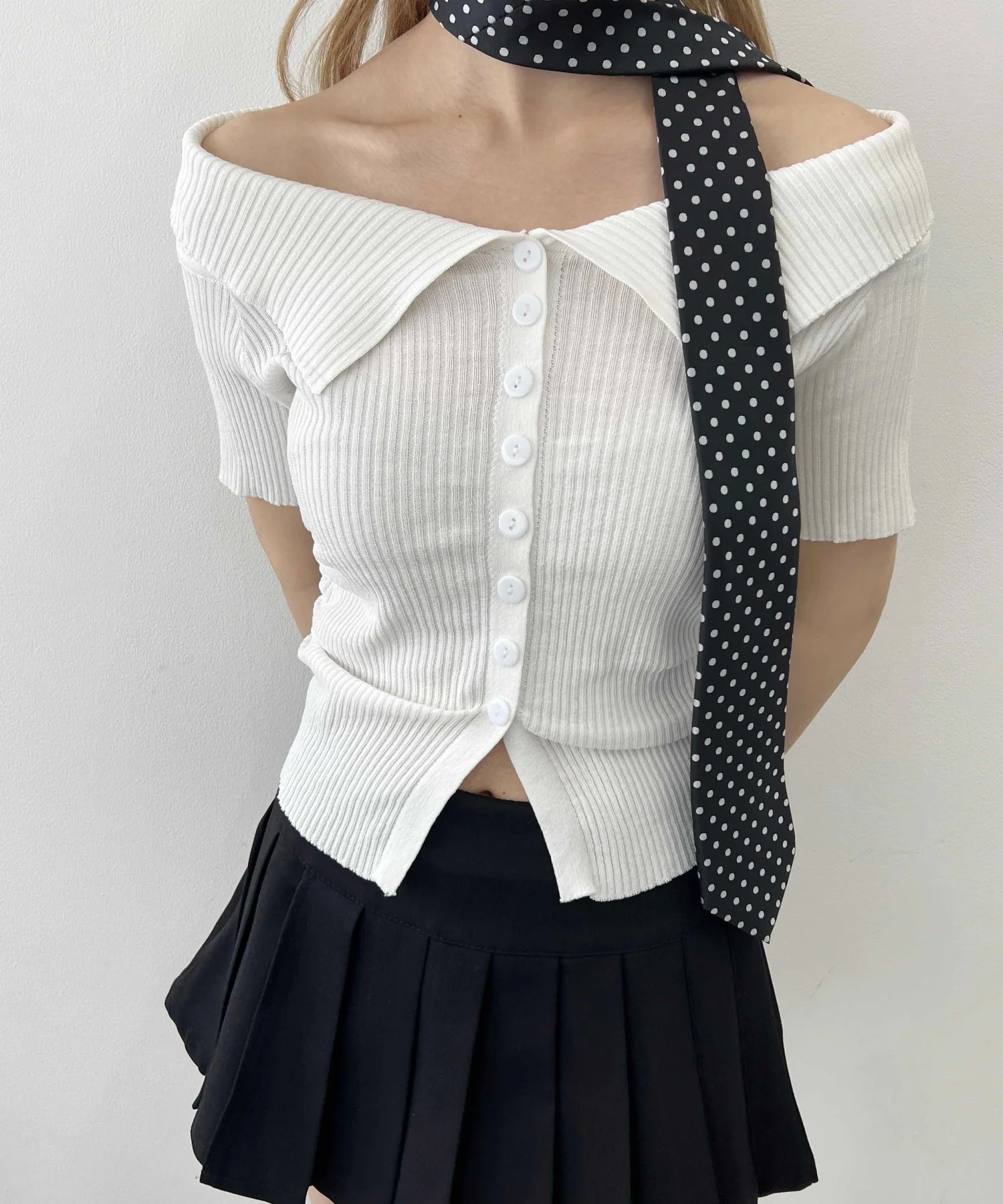 ボタンオフショル半袖トップス - Image 6
