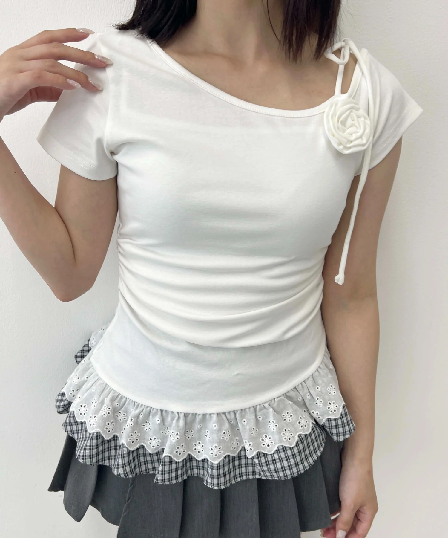 レースヘムショルダーリボントップス - Image 2
