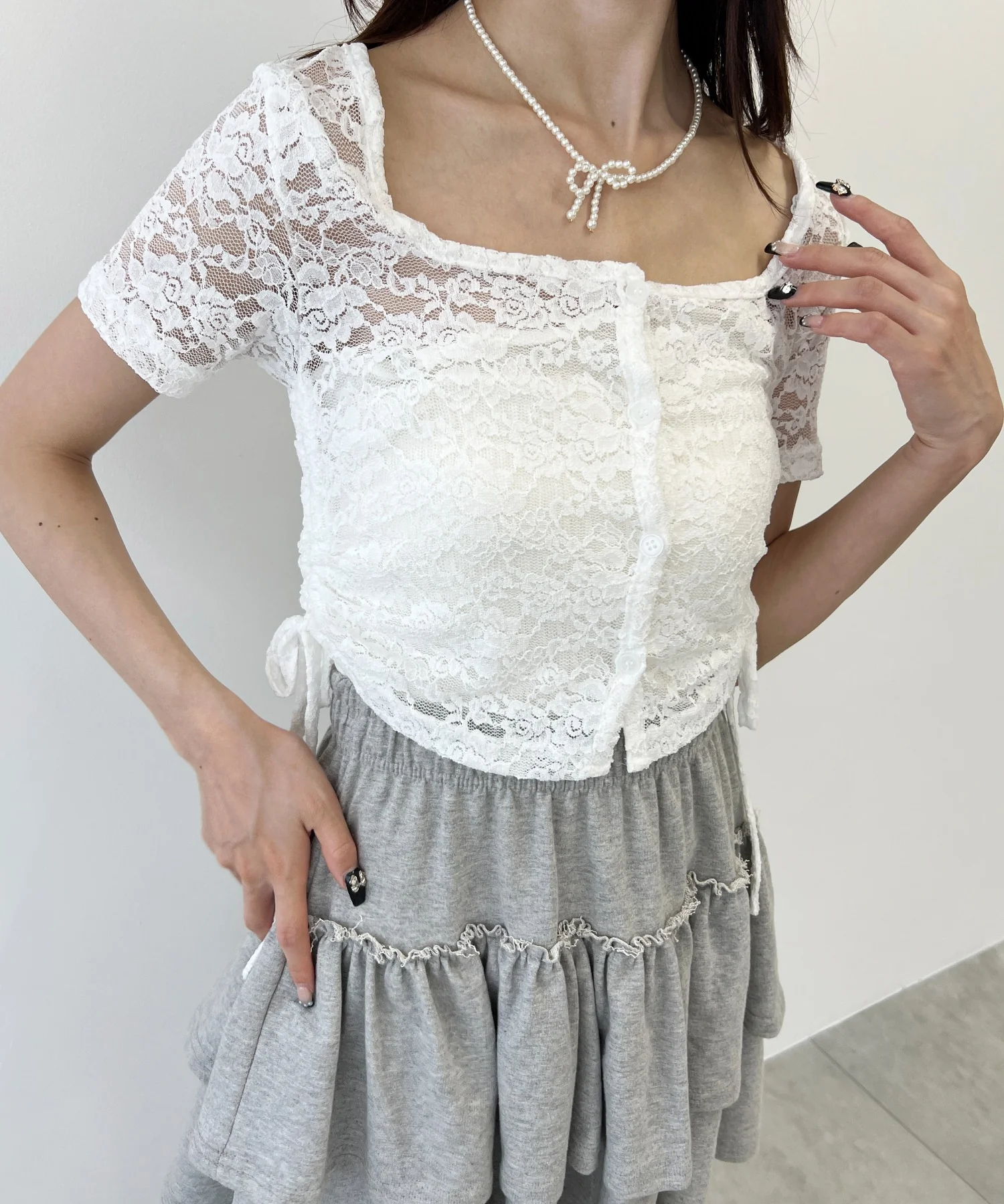 レースドロスト半袖カーディガン - Image 3