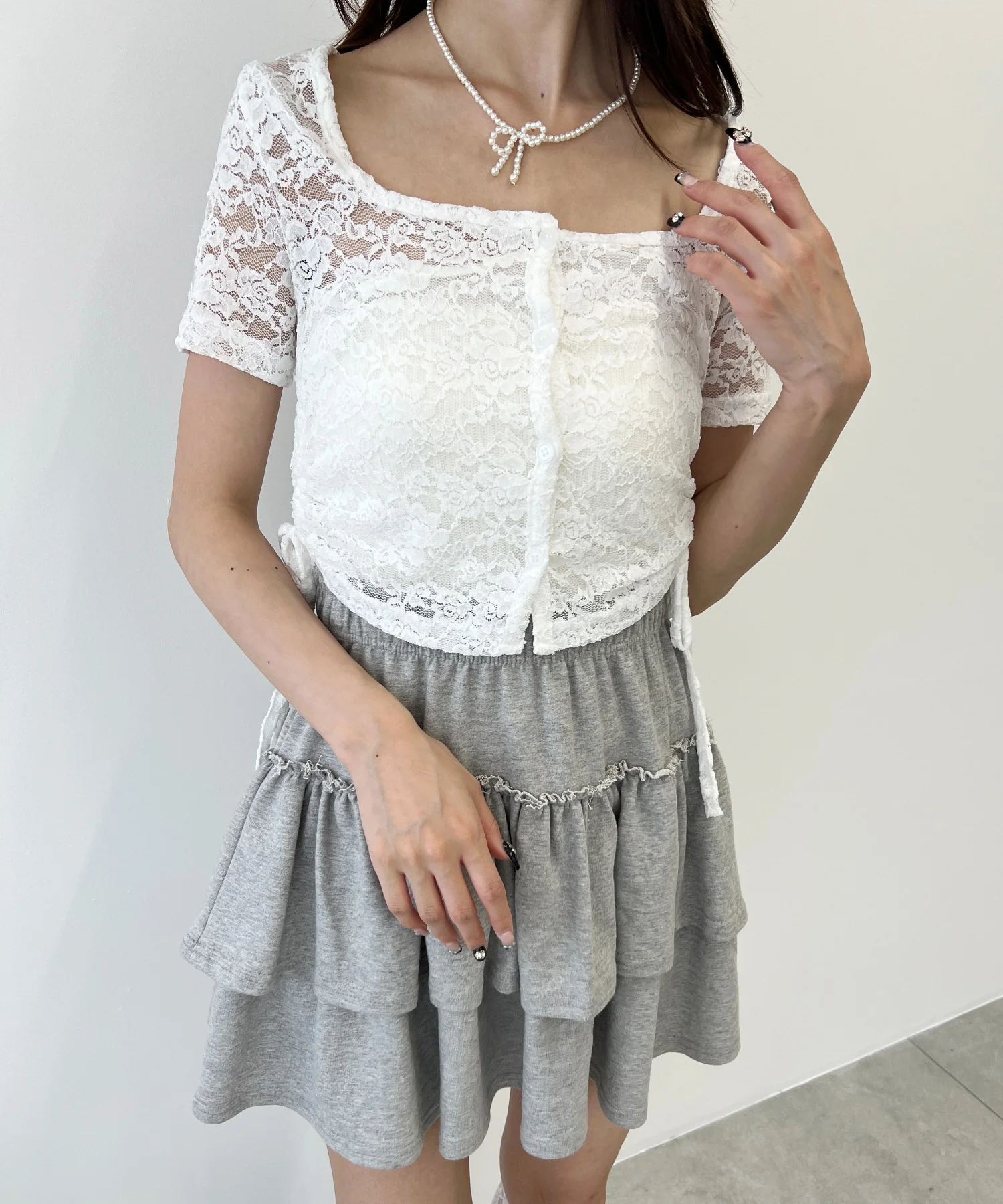 レースドロスト半袖カーディガン - Image 5