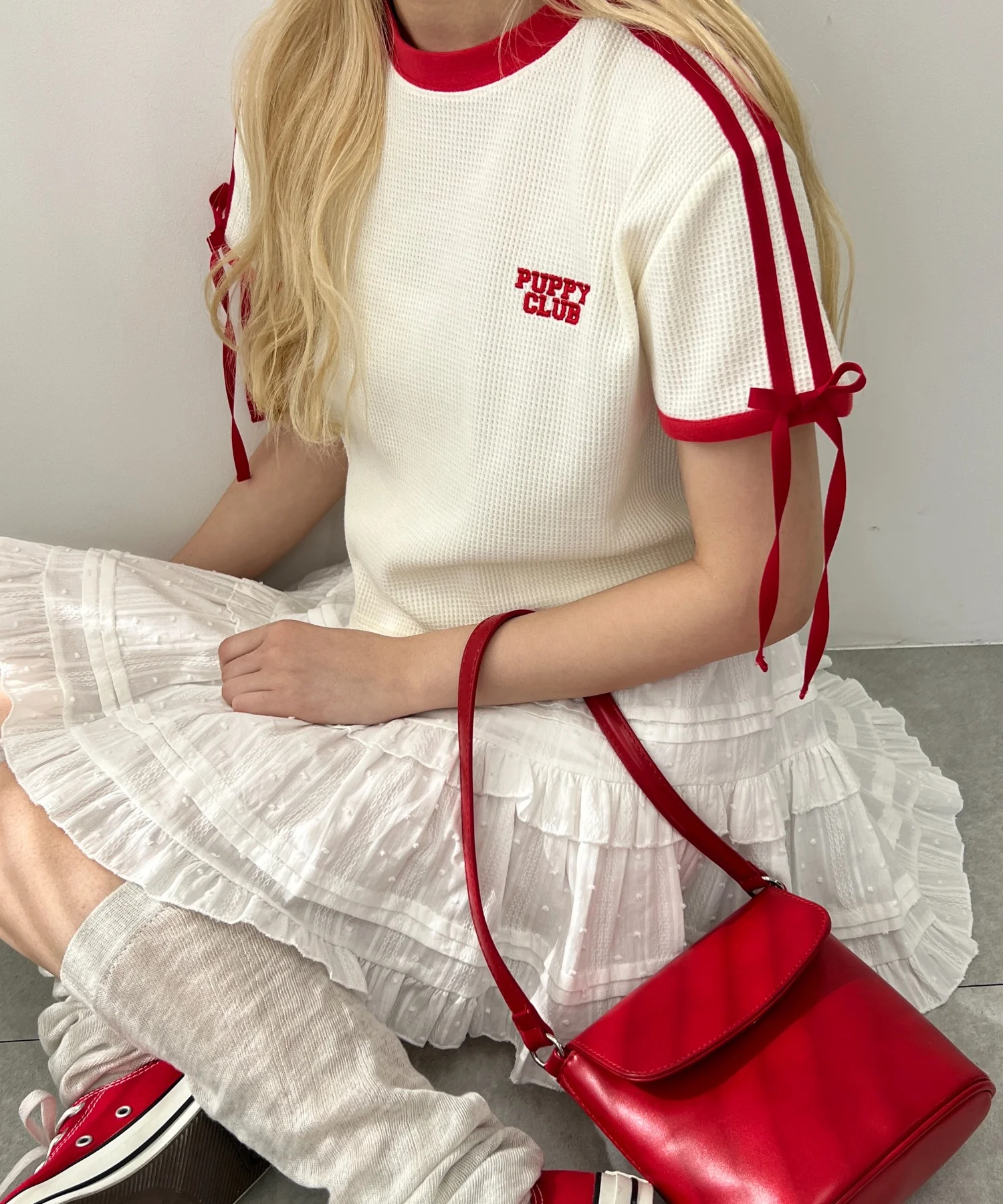 リボンポイント2ラインワッフルTシャツ - Image 10