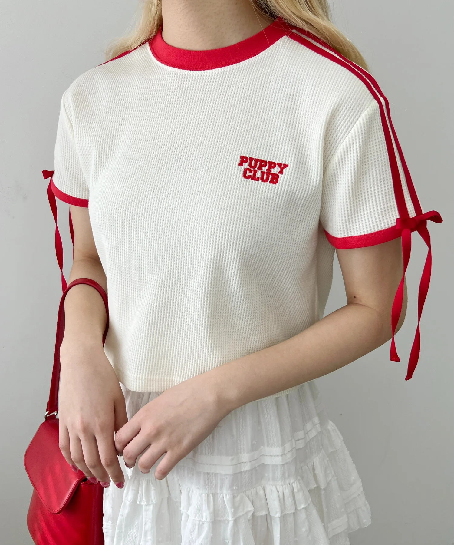 リボンポイント2ラインワッフルTシャツ - Image 11