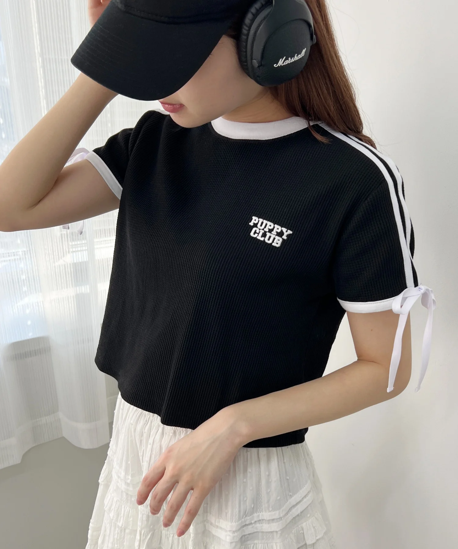 リボンポイント2ラインワッフルTシャツ - Image 3