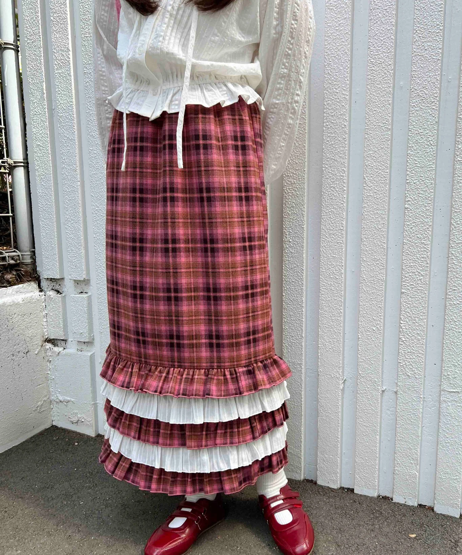 ヘムフリルチェックロングスカート - Image 4