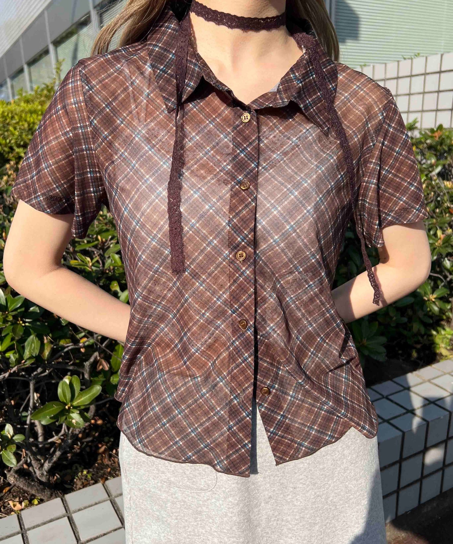 シアー半袖チェックシャツ - Image 12