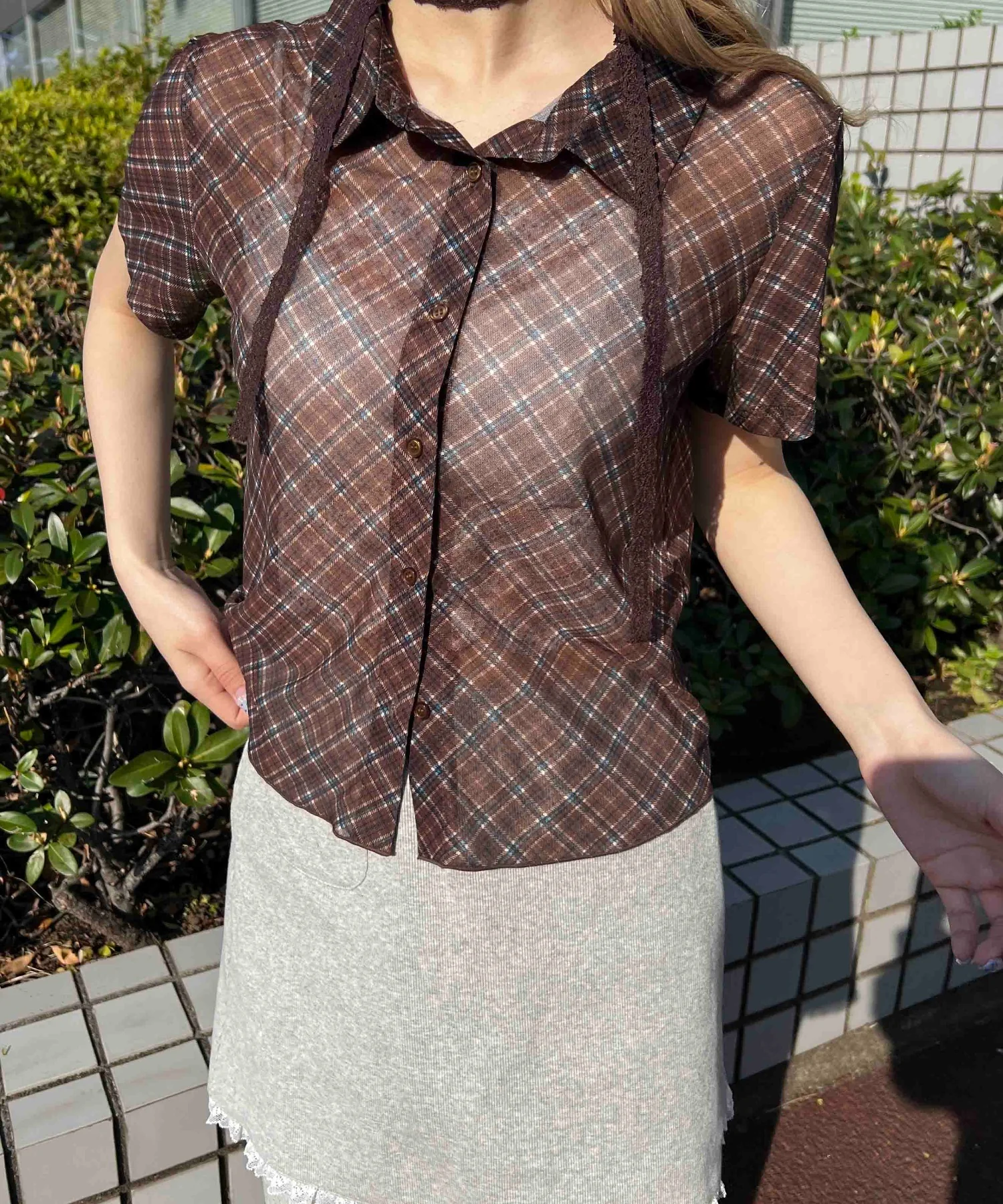 シアー半袖チェックシャツ - Image 2