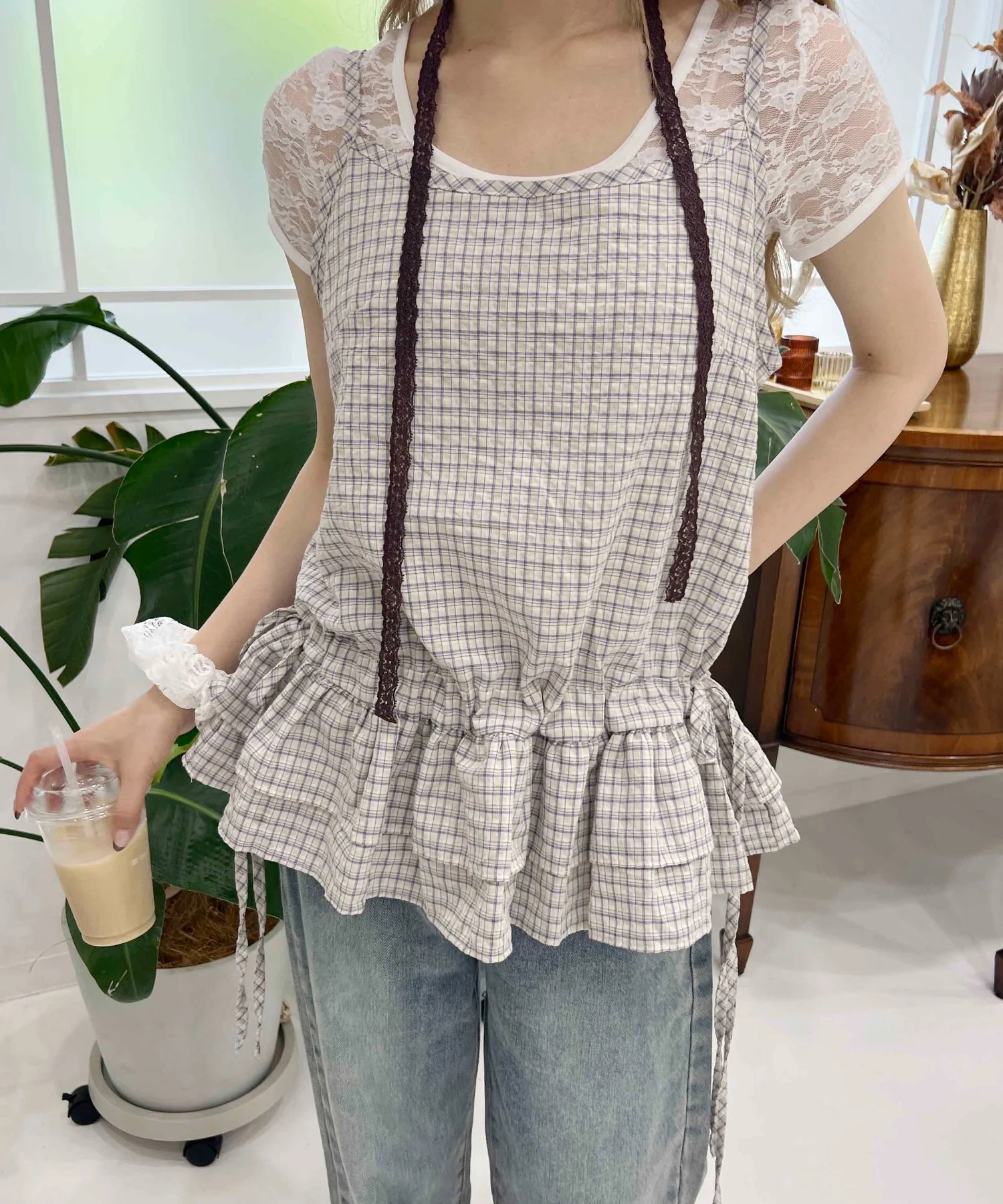 サイドリボンチェックキャミチュニック