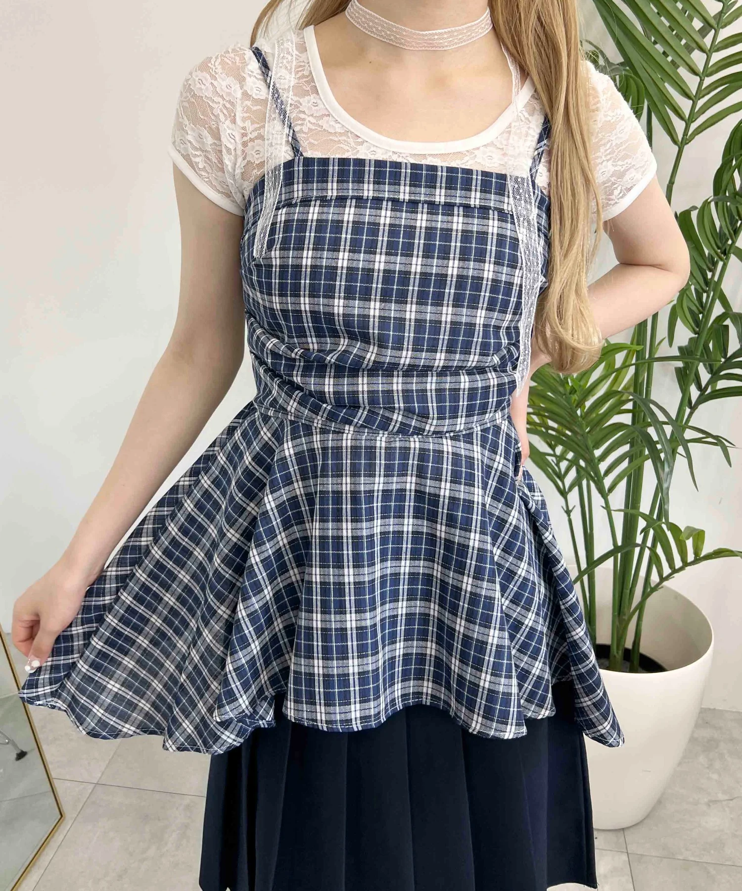 レースチョーカーセットチェックイレヘムキャミワンピース - Image 2