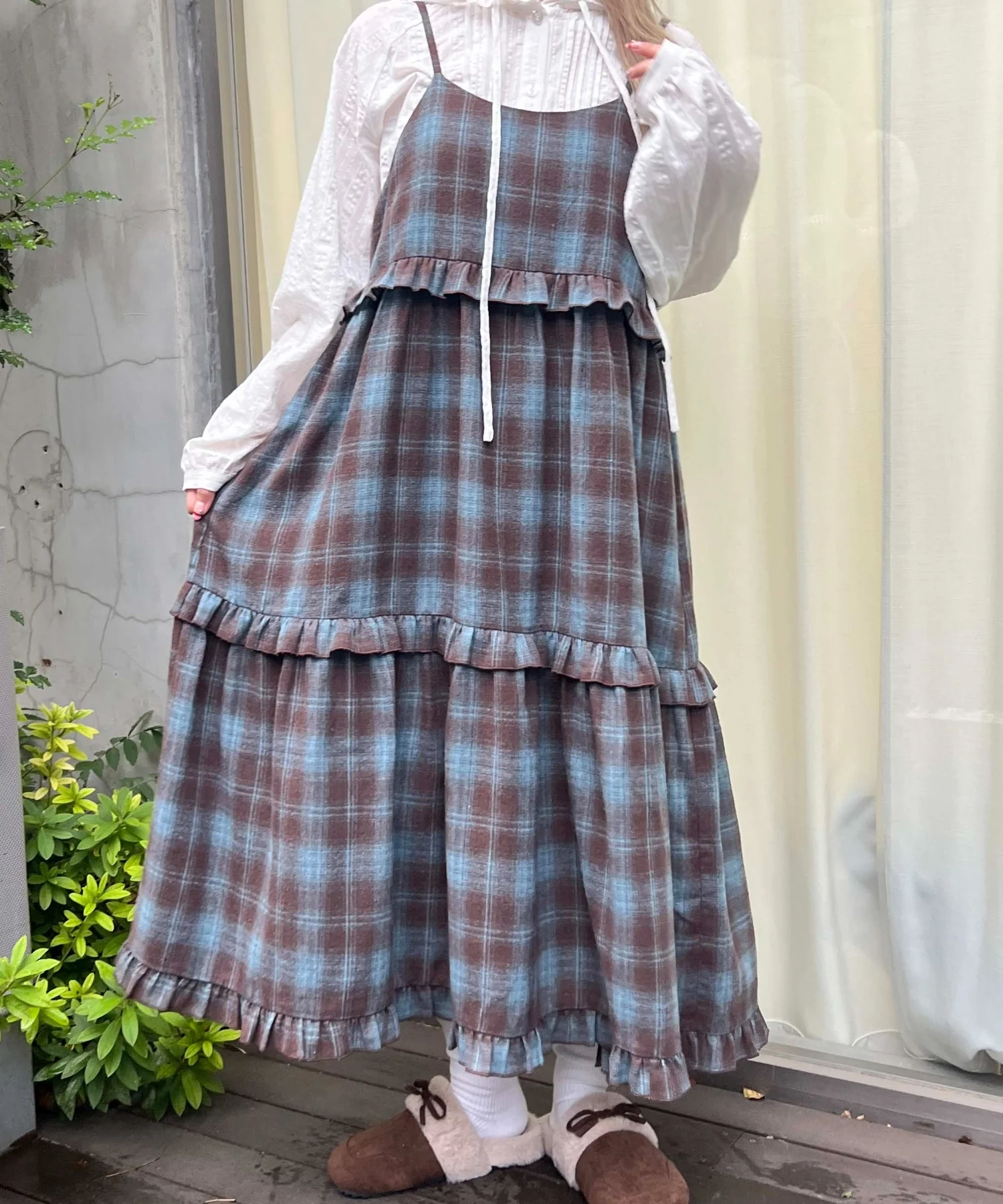 ネルチェックロングキャミワンピース