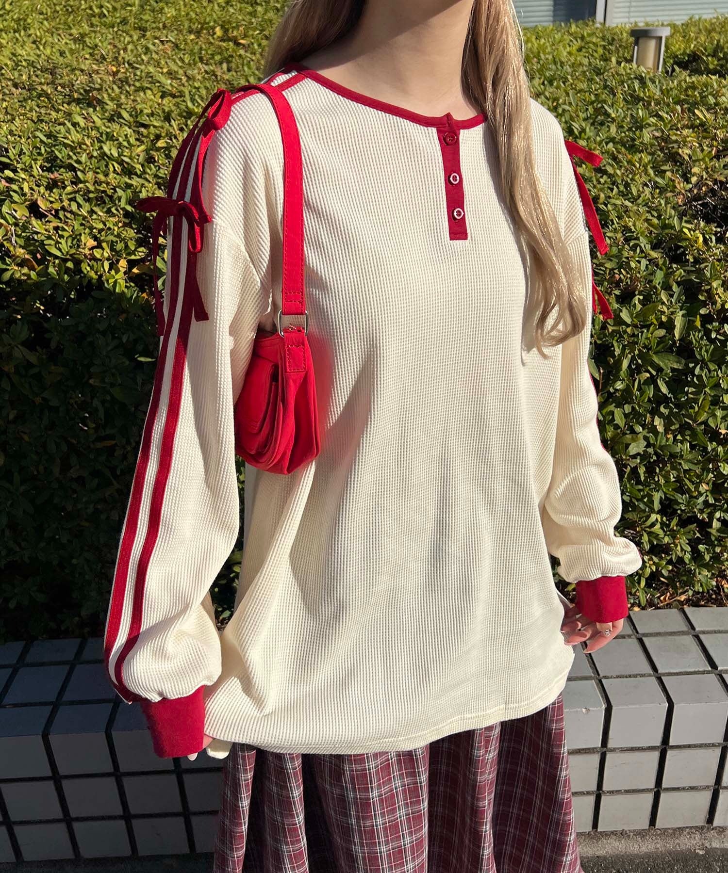 ヘンリーネックリボンラインワッフルロンT - Image 12