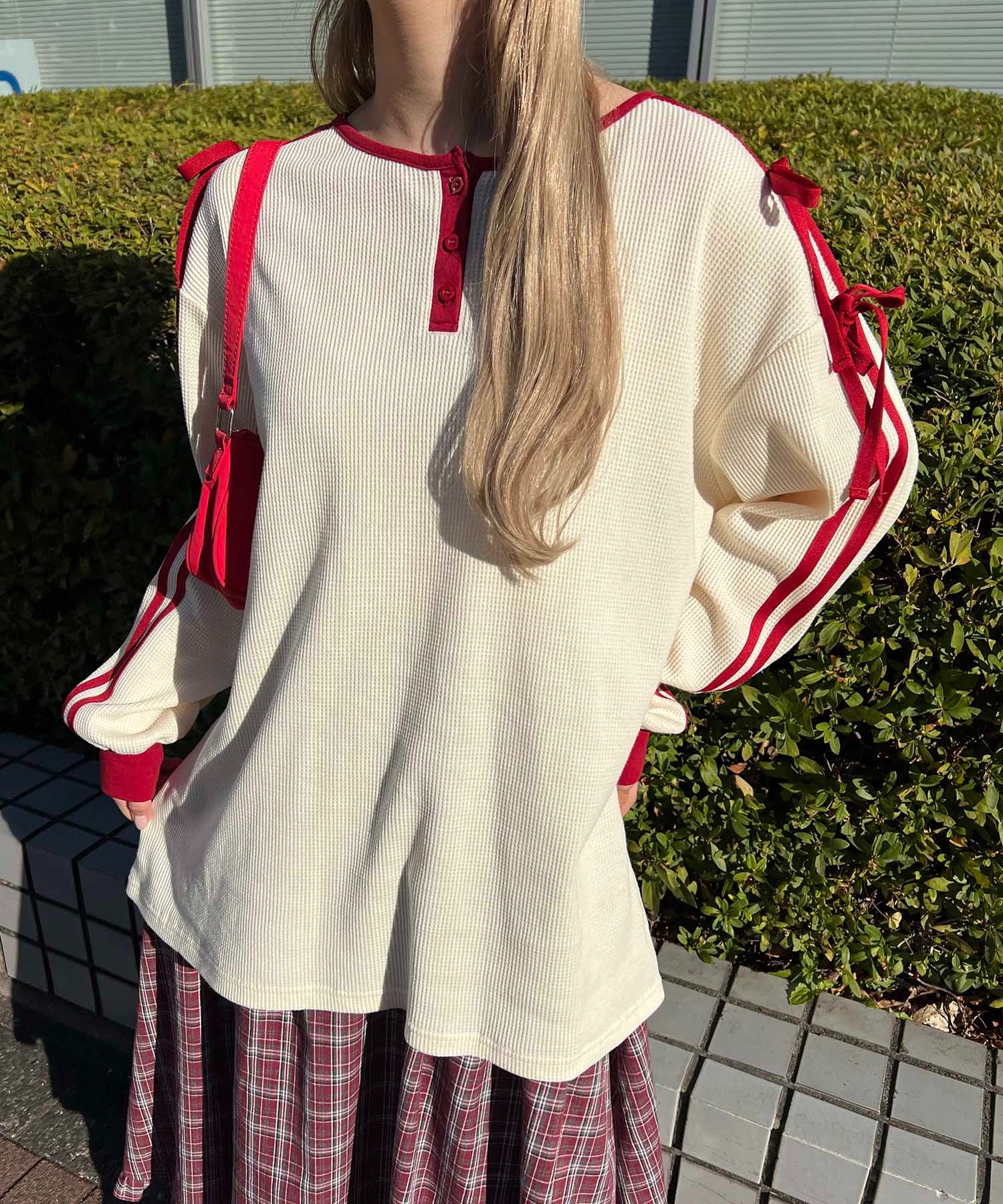 ヘンリーネックリボンラインワッフルロンT - Image 13