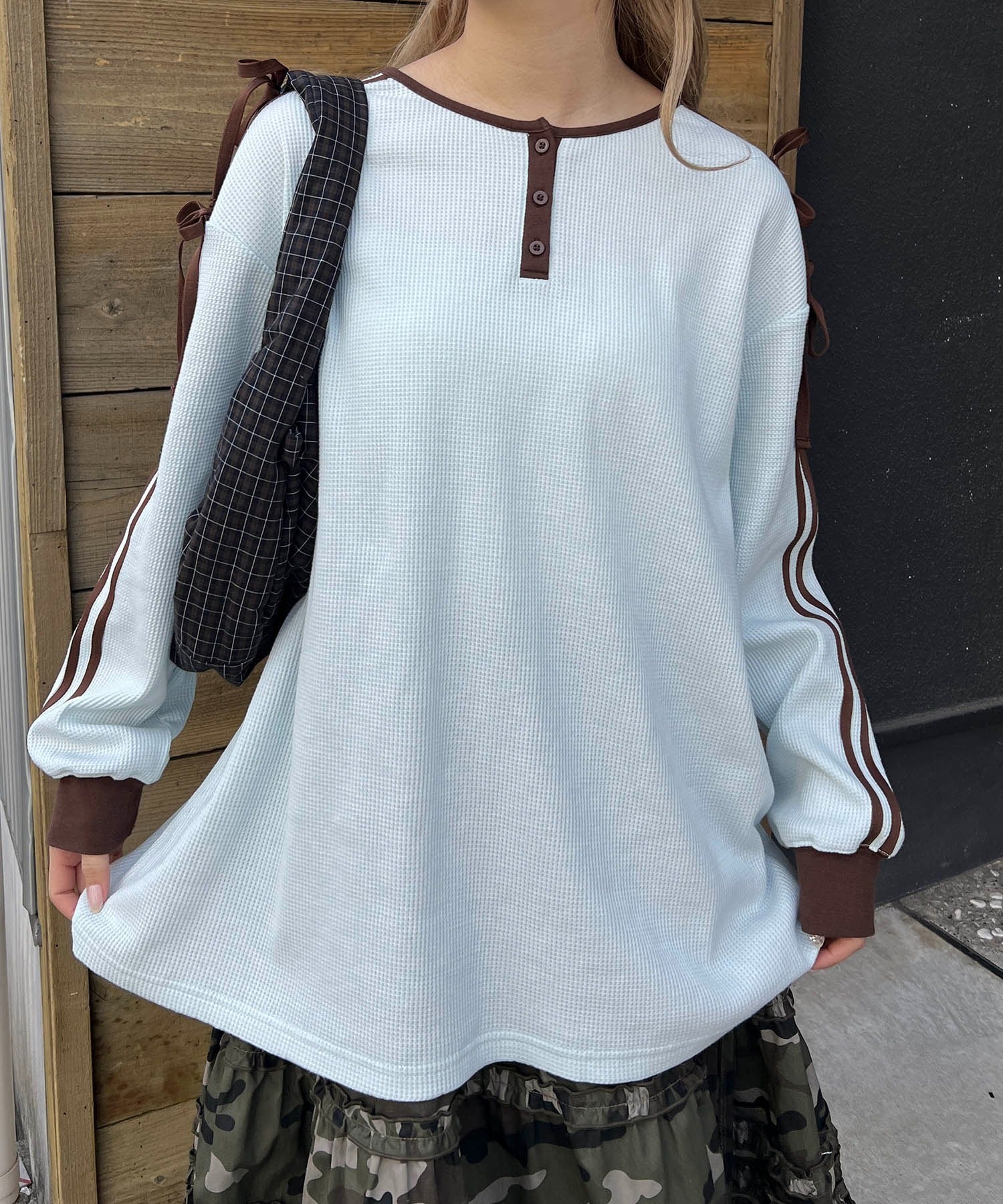 ヘンリーネックリボンラインワッフルロンT - Image 4