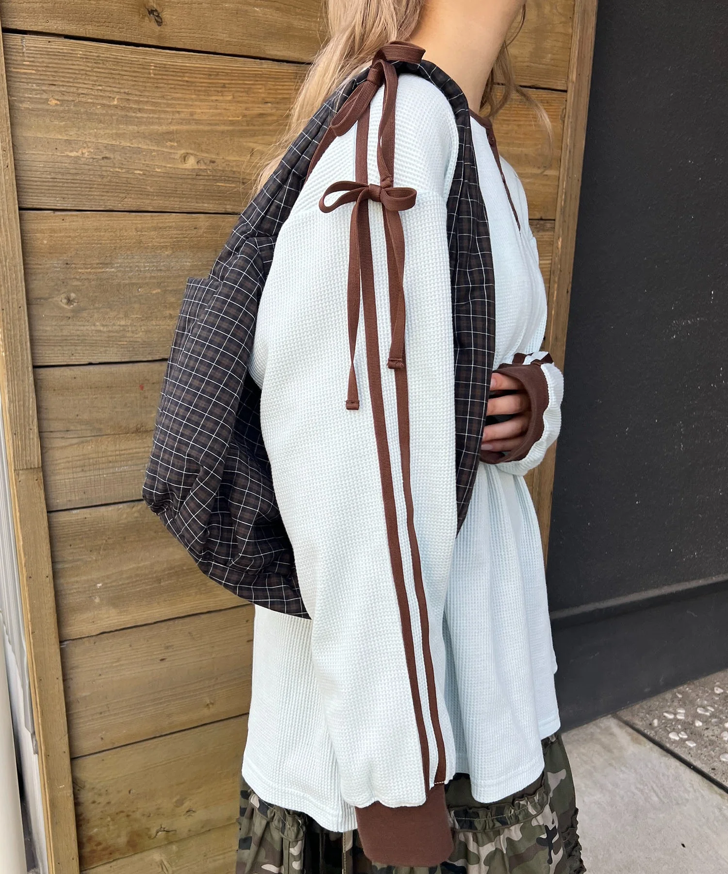 ヘンリーネックリボンラインワッフルロンT - Image 6