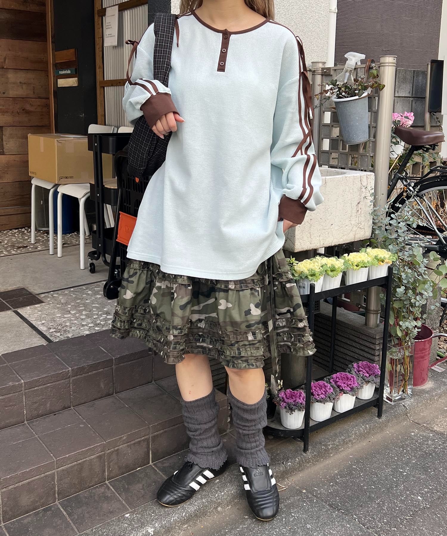 ヘンリーネックリボンラインワッフルロンT - Image 7