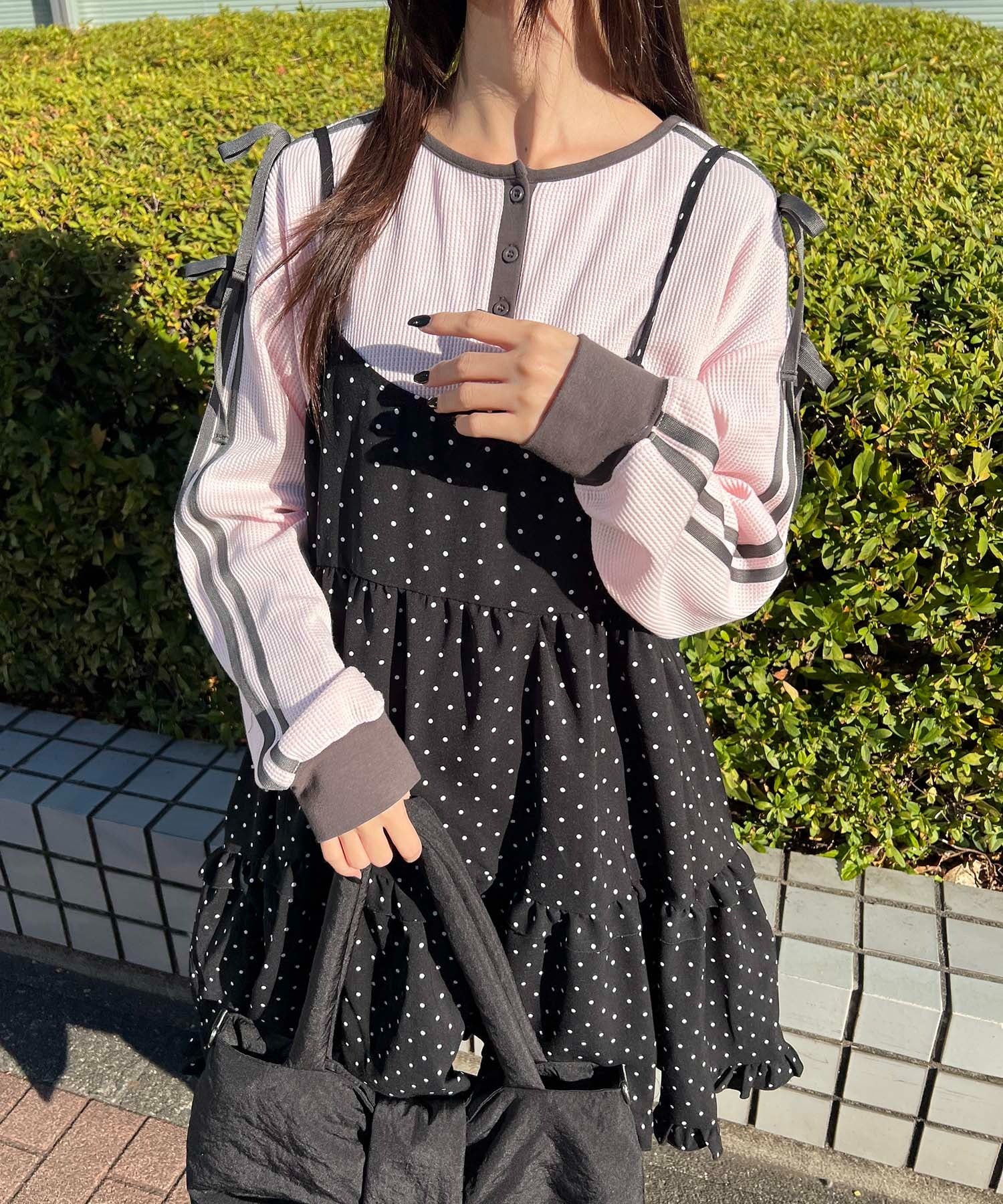 ヘンリーネックリボンラインワッフルロンT - Image 8
