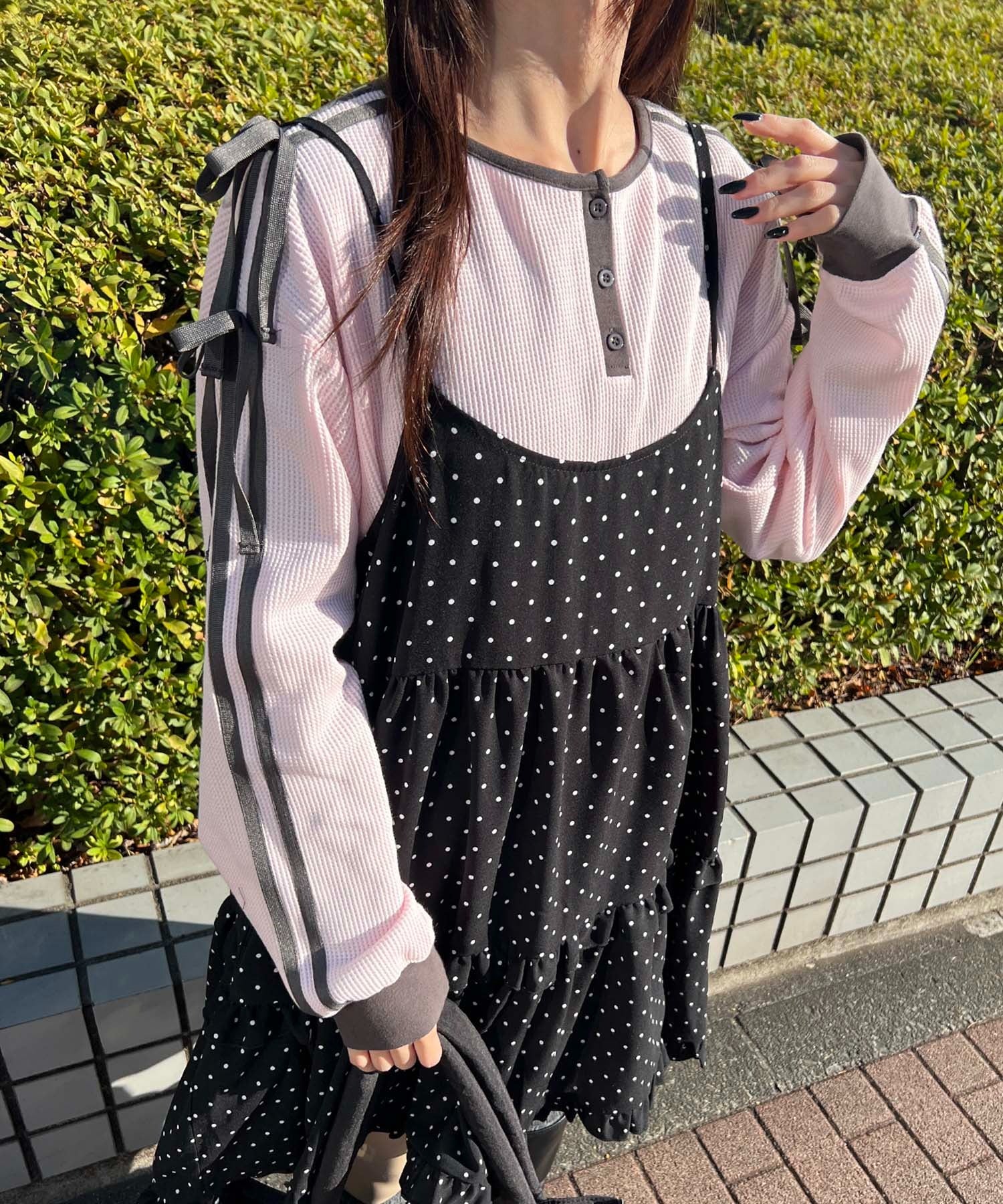 ヘンリーネックリボンラインワッフルロンT - Image 9