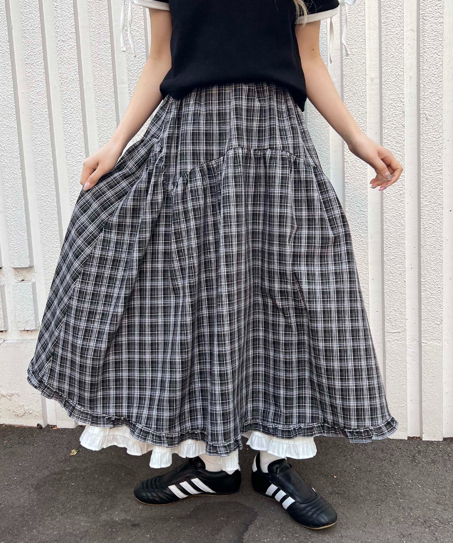 フリルレイヤードチェックロングスカート - Image 2