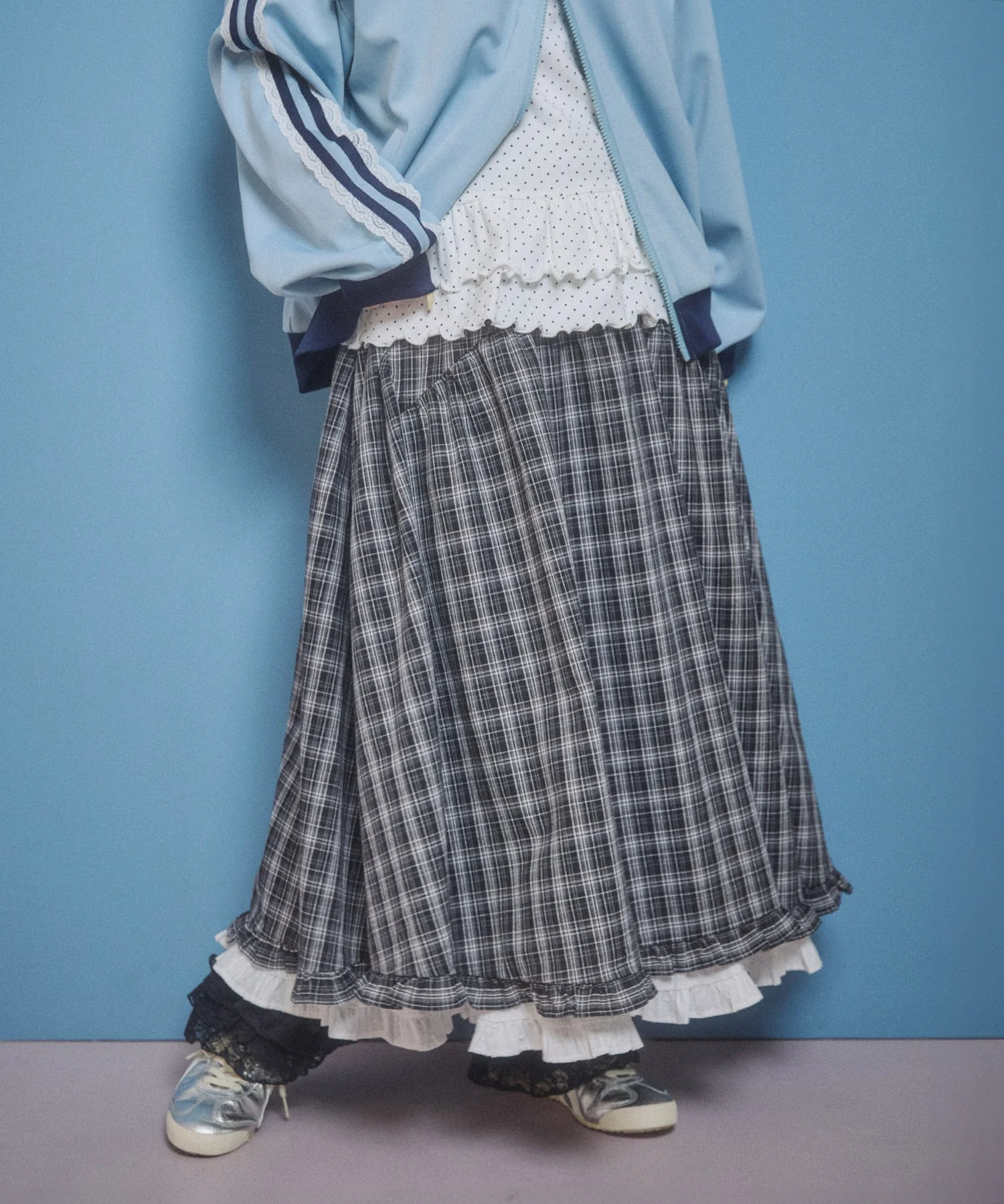 フリルレイヤードチェックロングスカート - Image 3