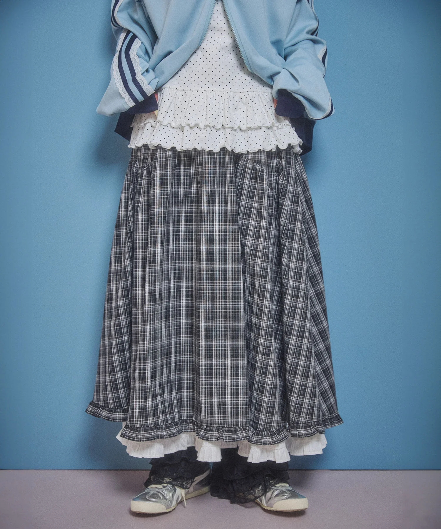 フリルレイヤードチェックロングスカート - Image 4