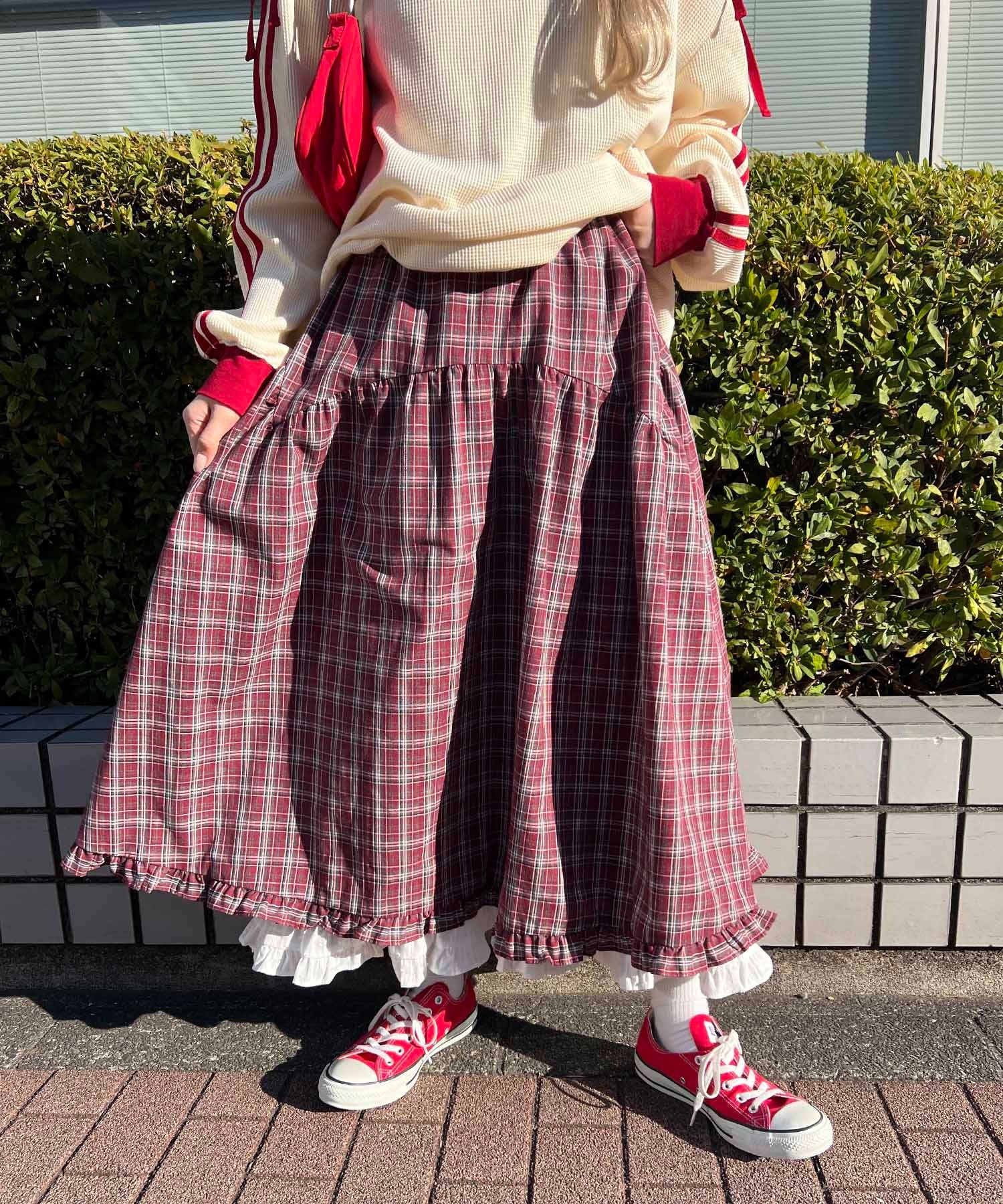 フリルレイヤードチェックロングスカート - Image 9