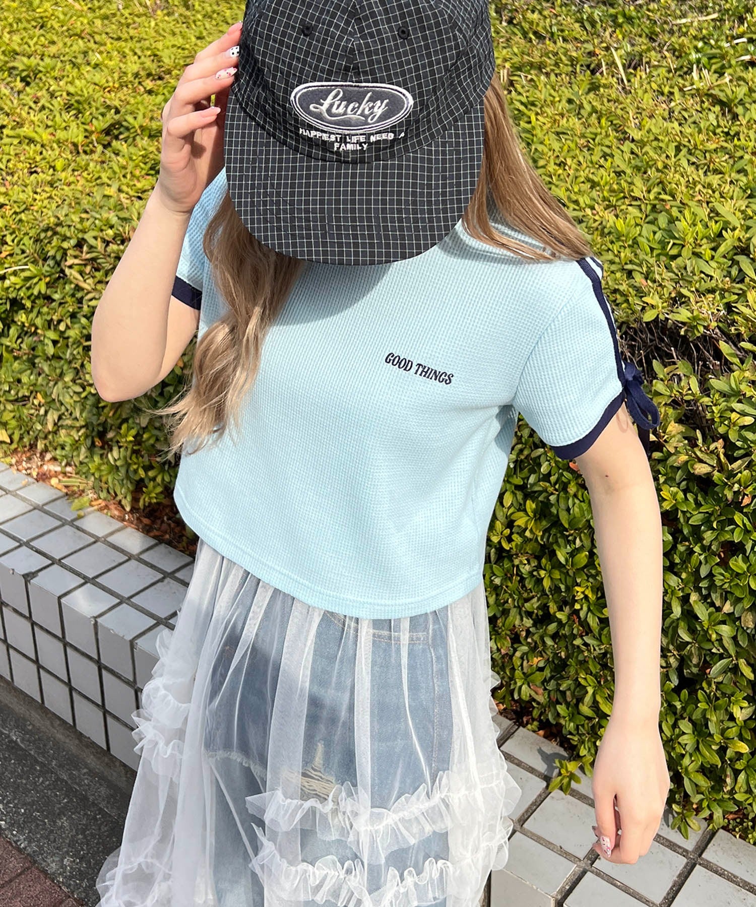 リボンポイント2ラインワッフルTシャツ - Image 2
