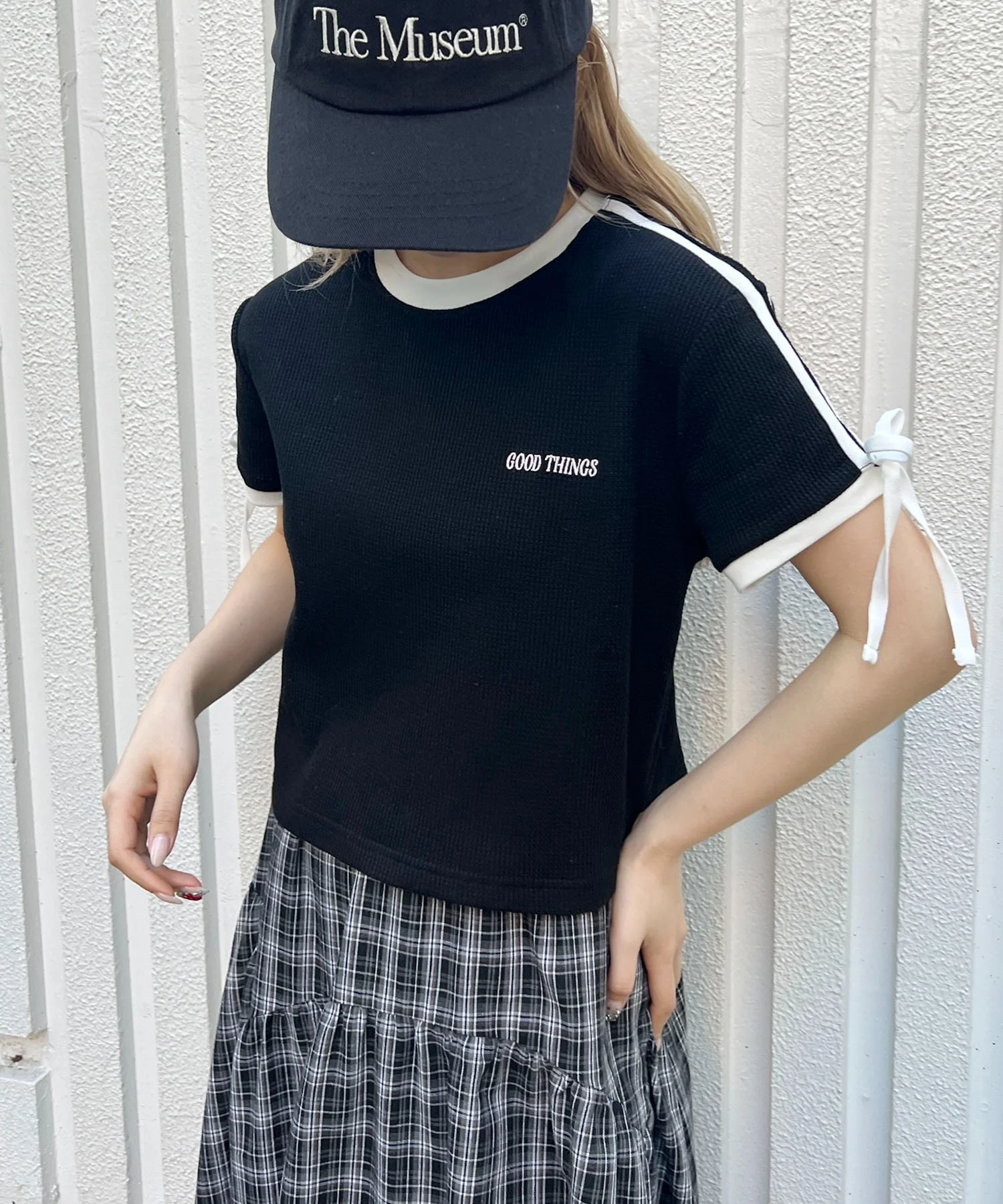 リボンポイント2ラインワッフルTシャツ - Image 3