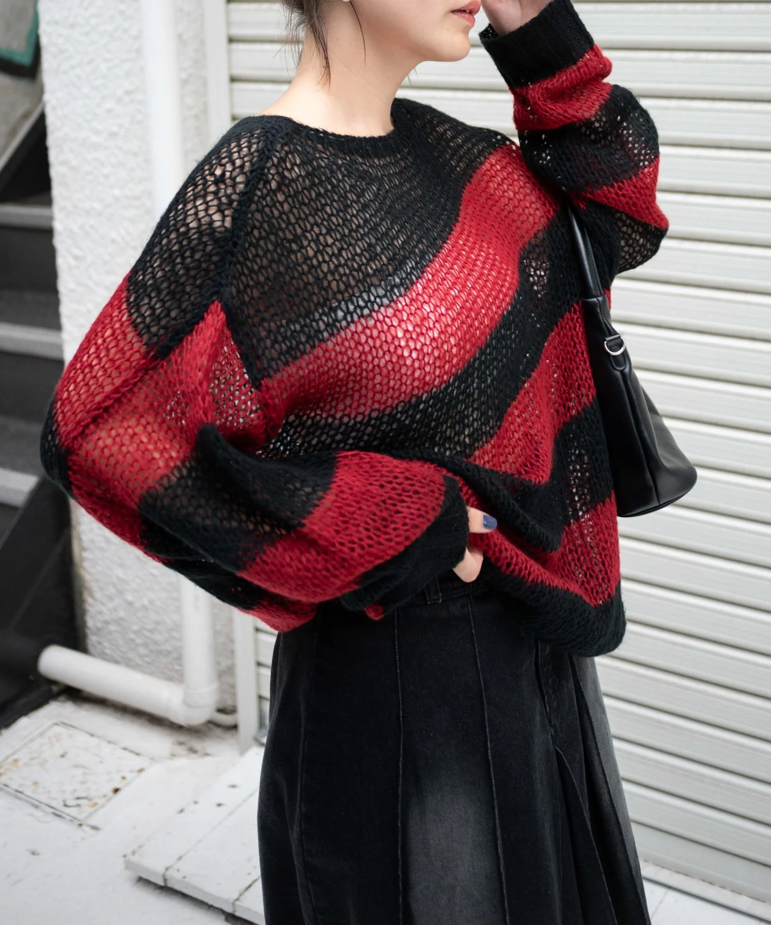 ボーダーモヘアタッチメッシュニットプルオーバー - Image 9