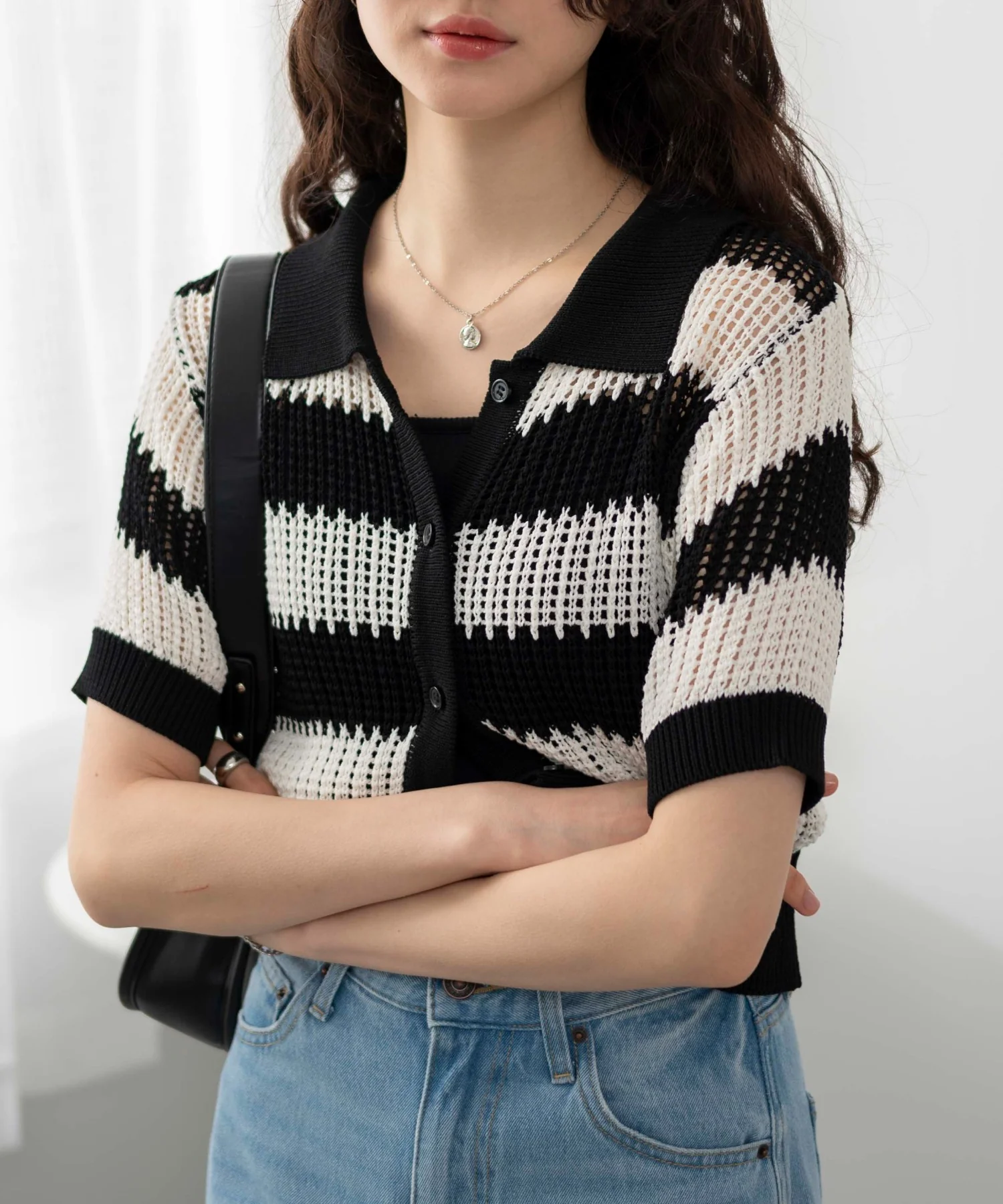 襟付きメッシュニットショートカーデ - Image 11