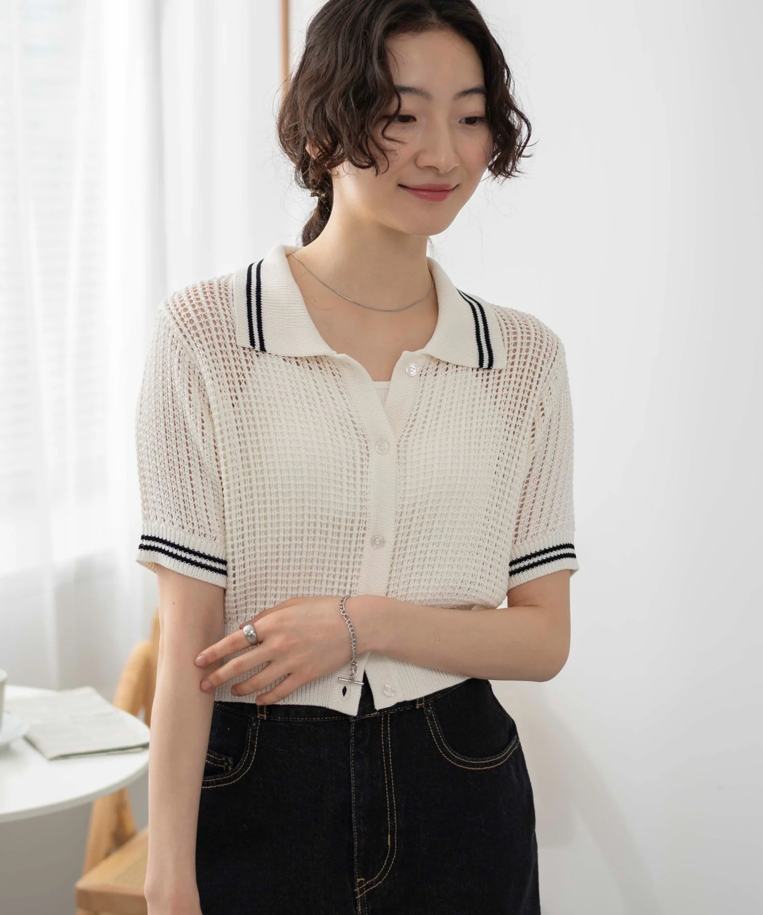 襟付きメッシュニットショートカーデ - Image 17