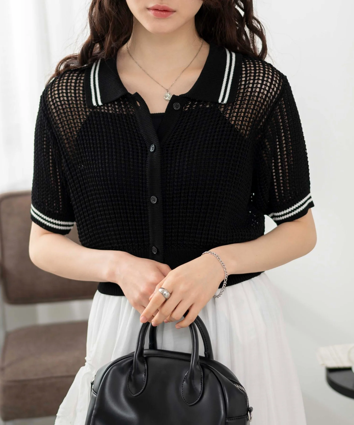 襟付きメッシュニットショートカーデ - Image 22