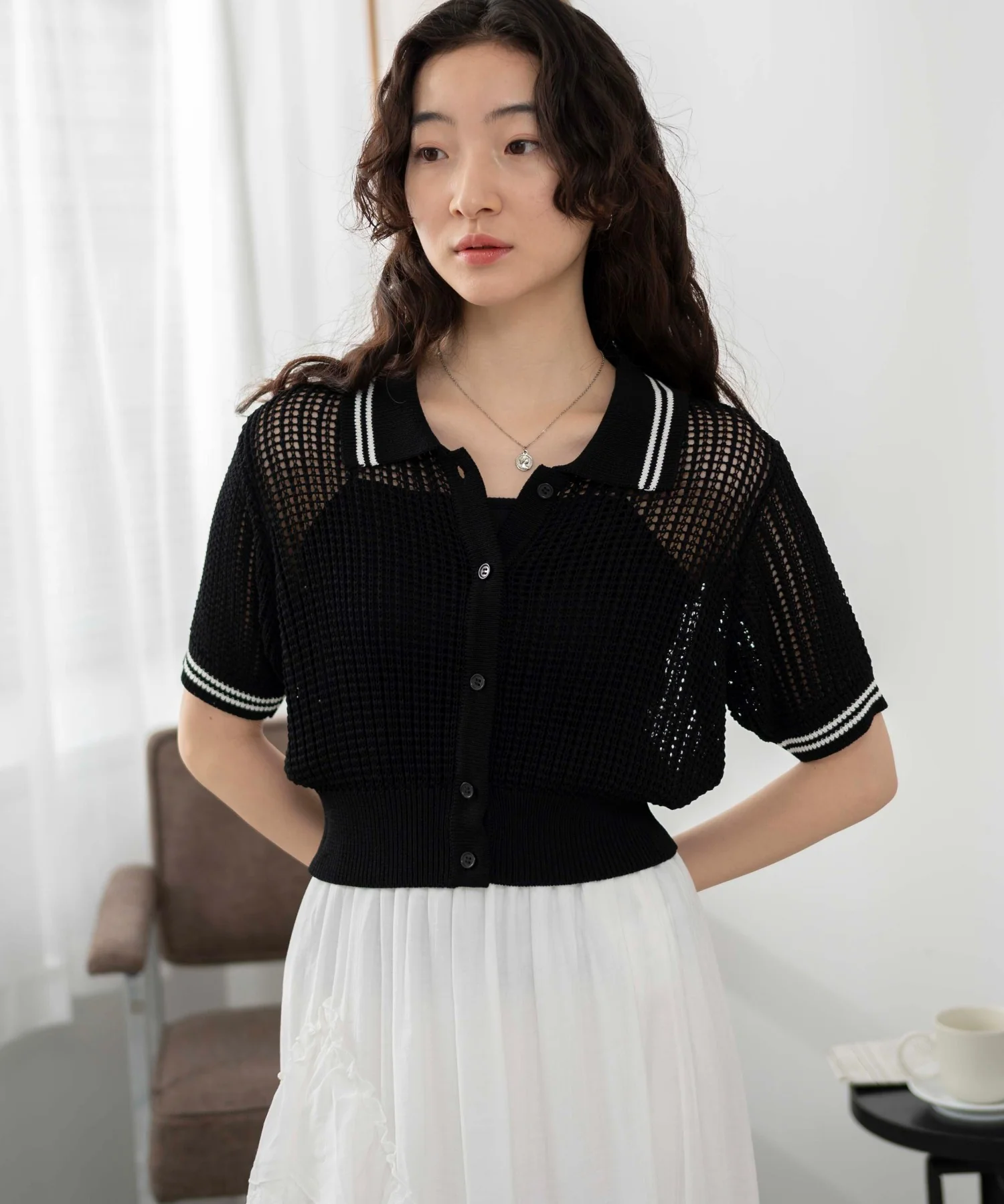 襟付きメッシュニットショートカーデ - Image 23