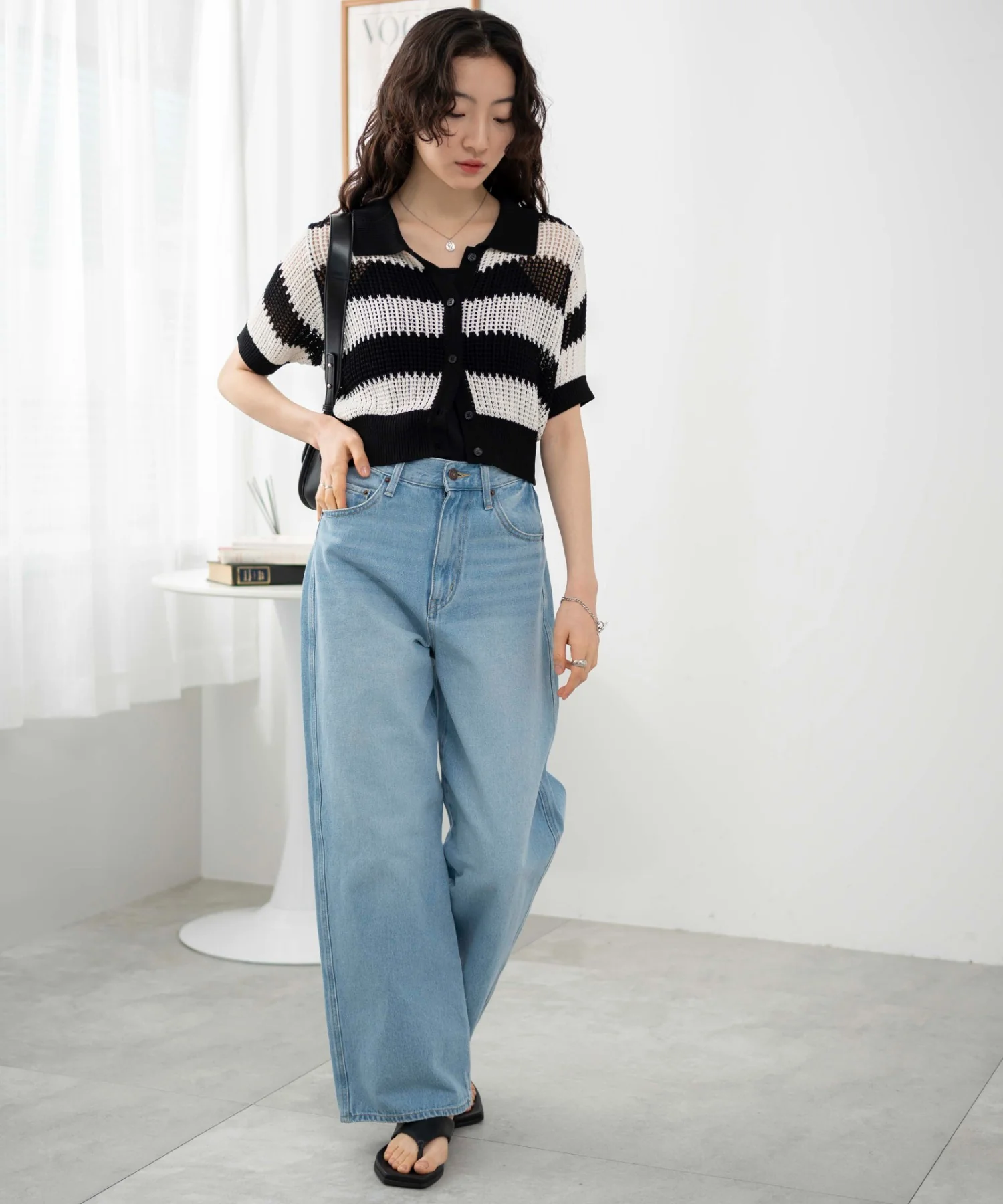 襟付きメッシュニットショートカーデ - Image 4