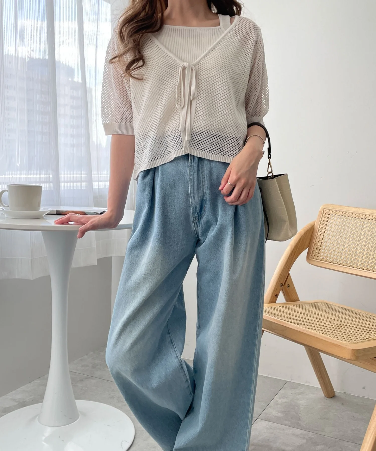 半袖メッシュアンサンブルカーデ - Image 3