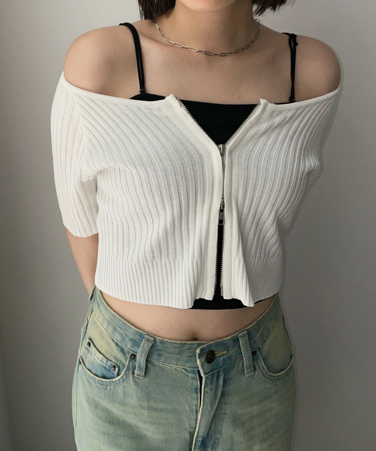 ダブルジップオフショルニットトップス - Image 8