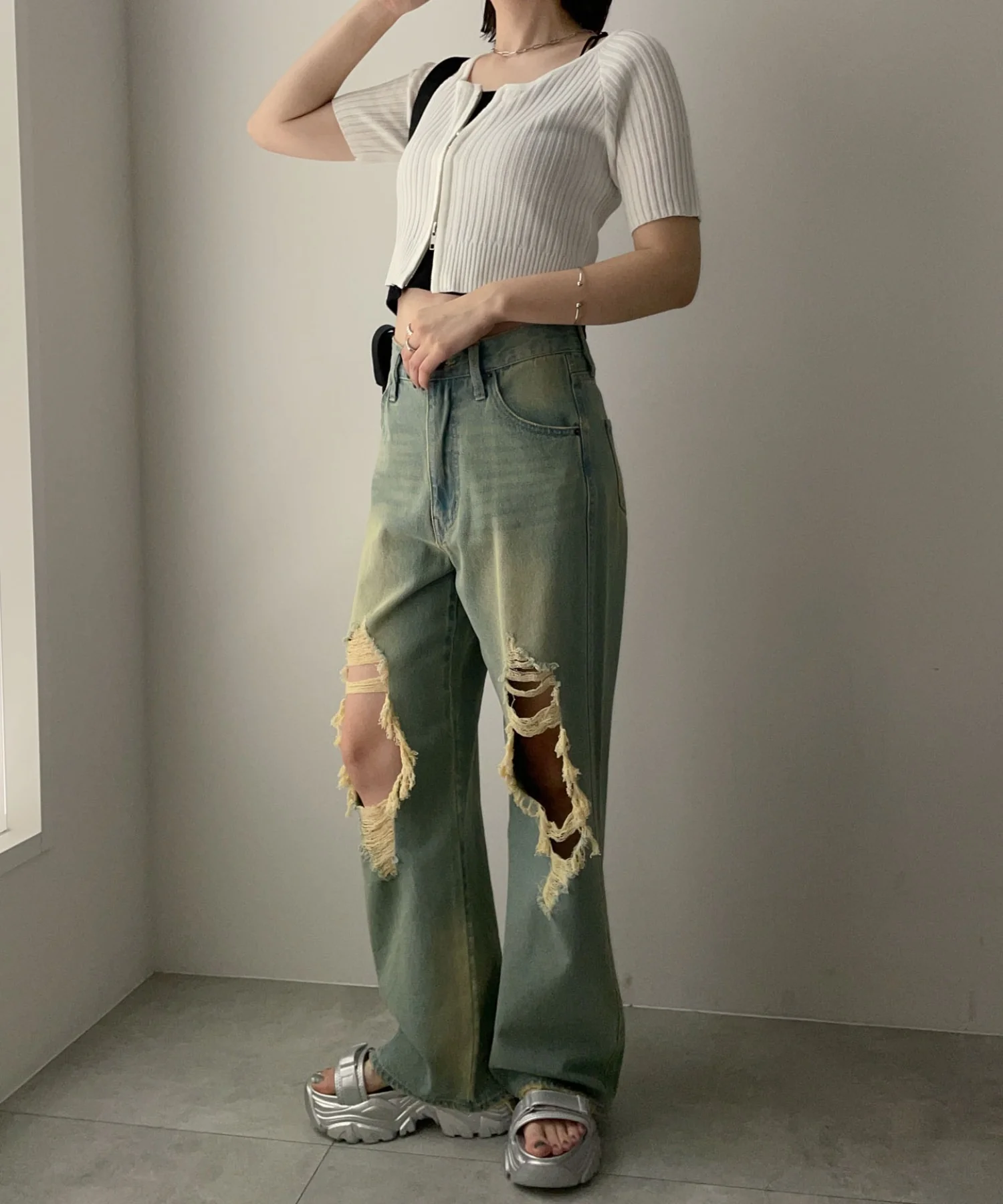 ダブルジップオフショルニットトップス - Image 9