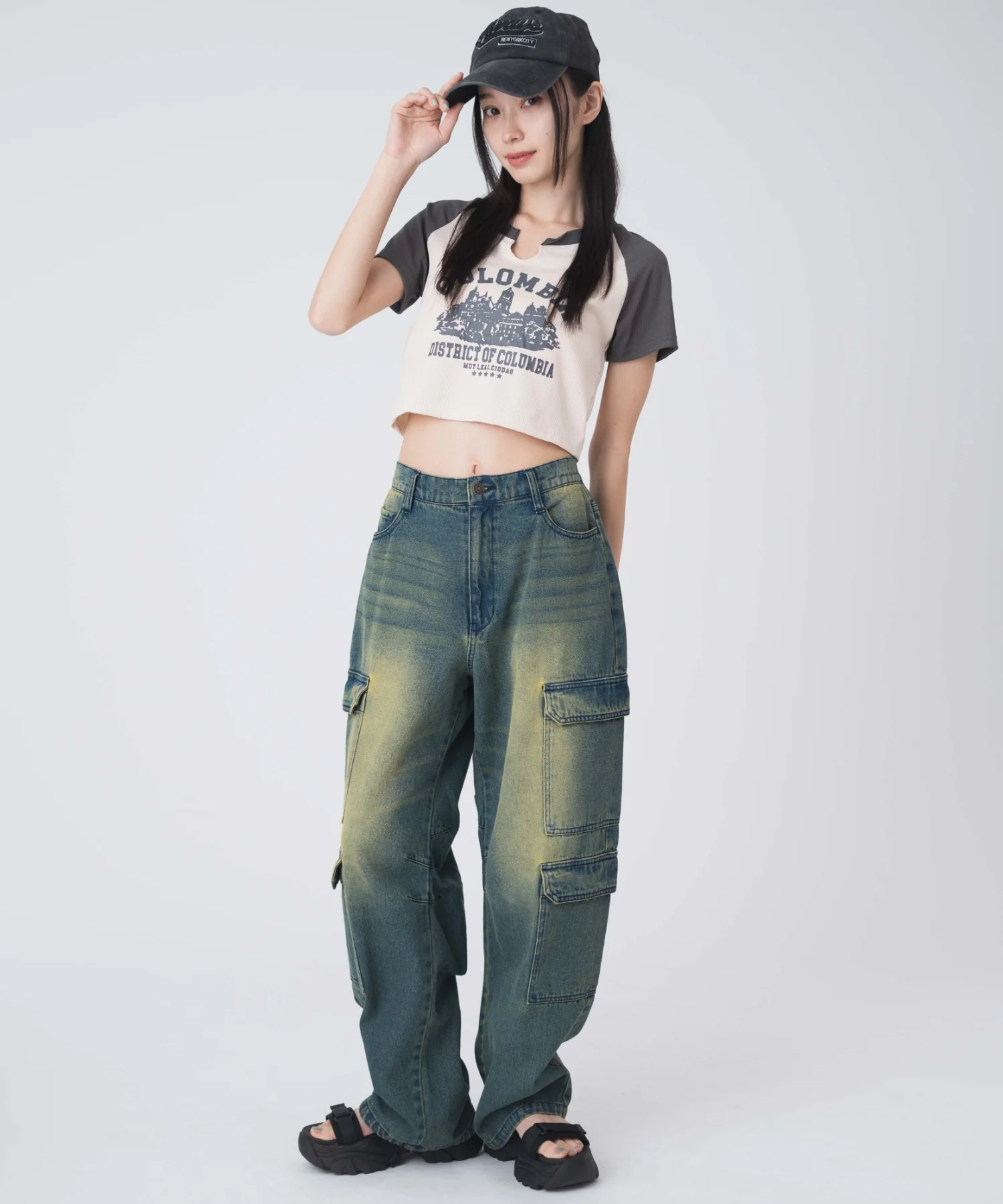 ヴィンテージウォッシュデニムカーブカーゴパンツ - Image 4