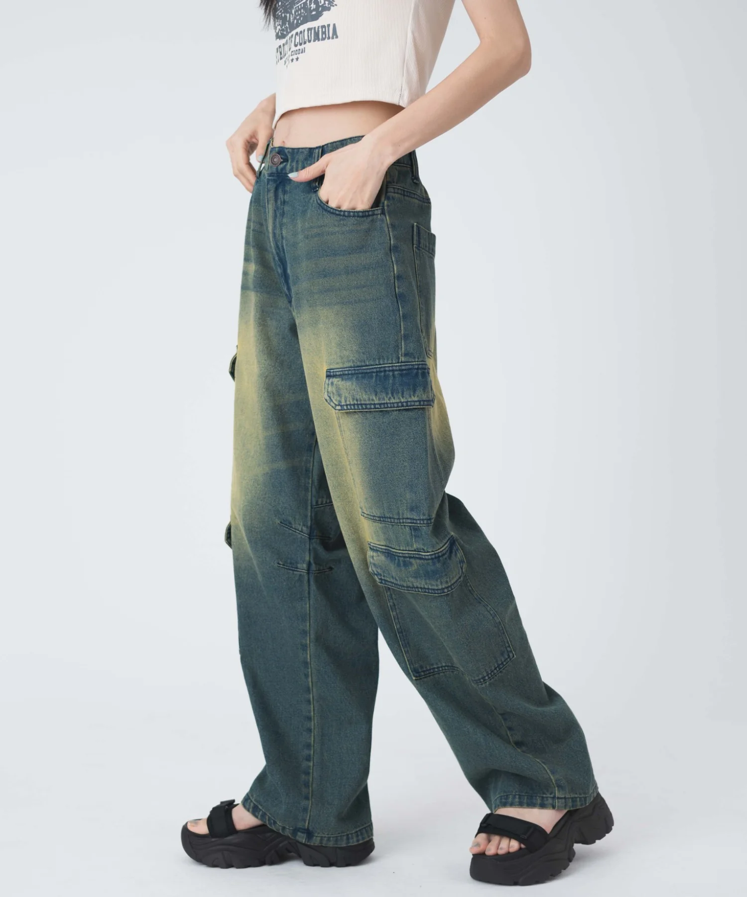 ヴィンテージウォッシュデニムカーブカーゴパンツ - Image 8