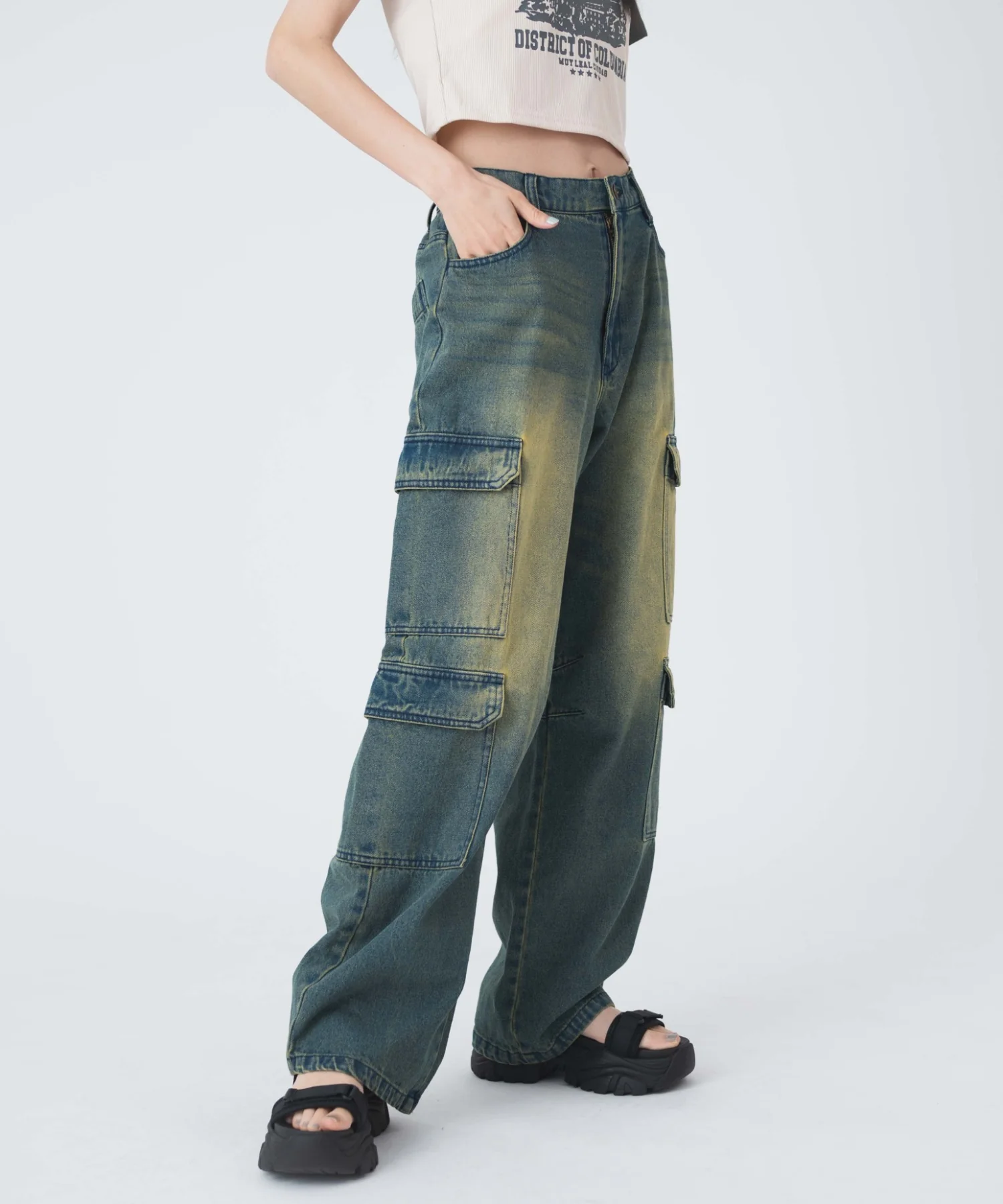 ヴィンテージウォッシュデニムカーブカーゴパンツ - Image 9