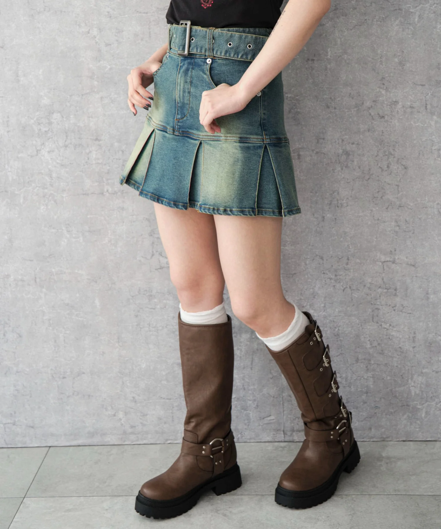 ベルト付デニムプリーツスカパン - Image 17